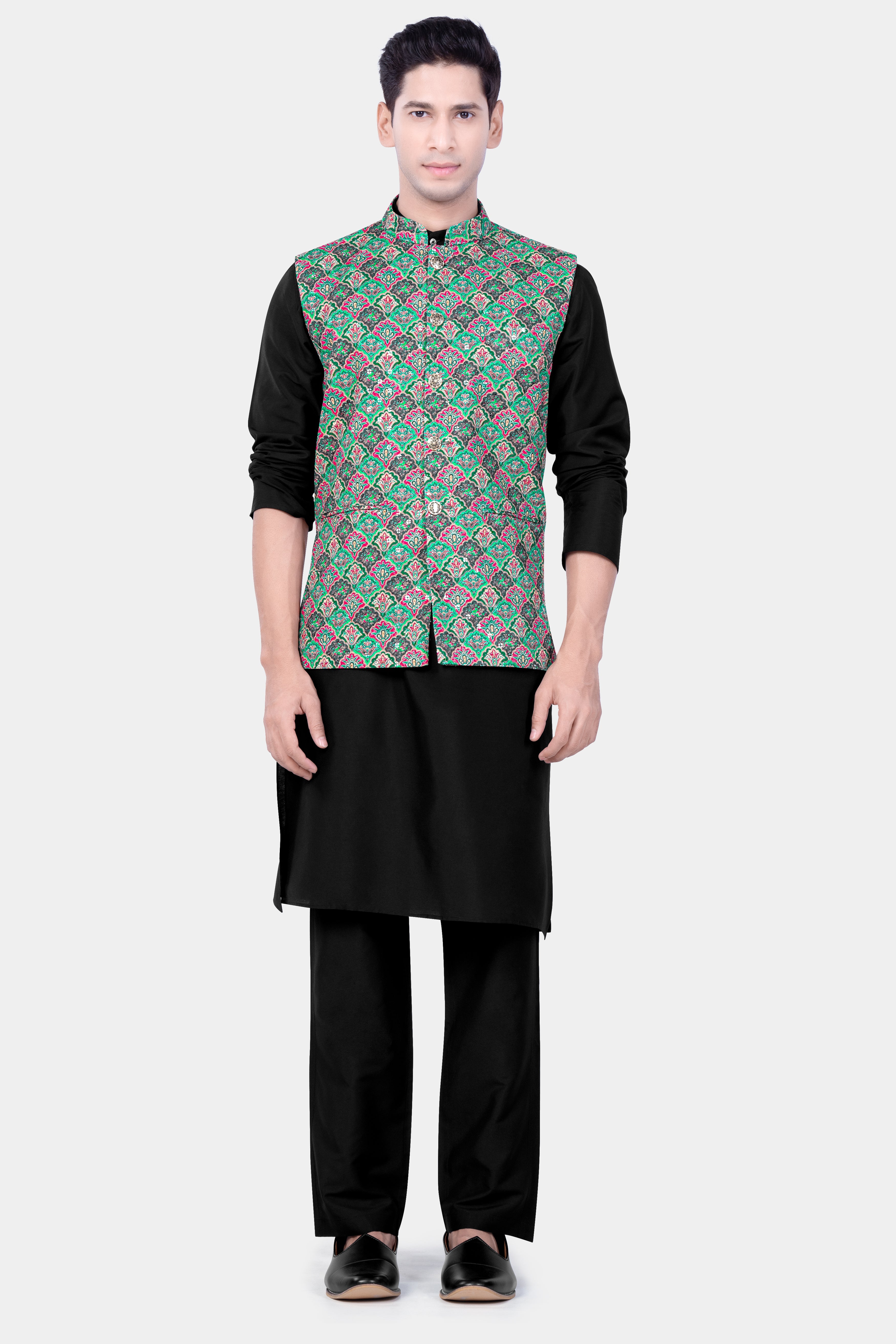 Turquoise Blue And Raspberry Pink Designer Thread Embroidered Nehru Jacket