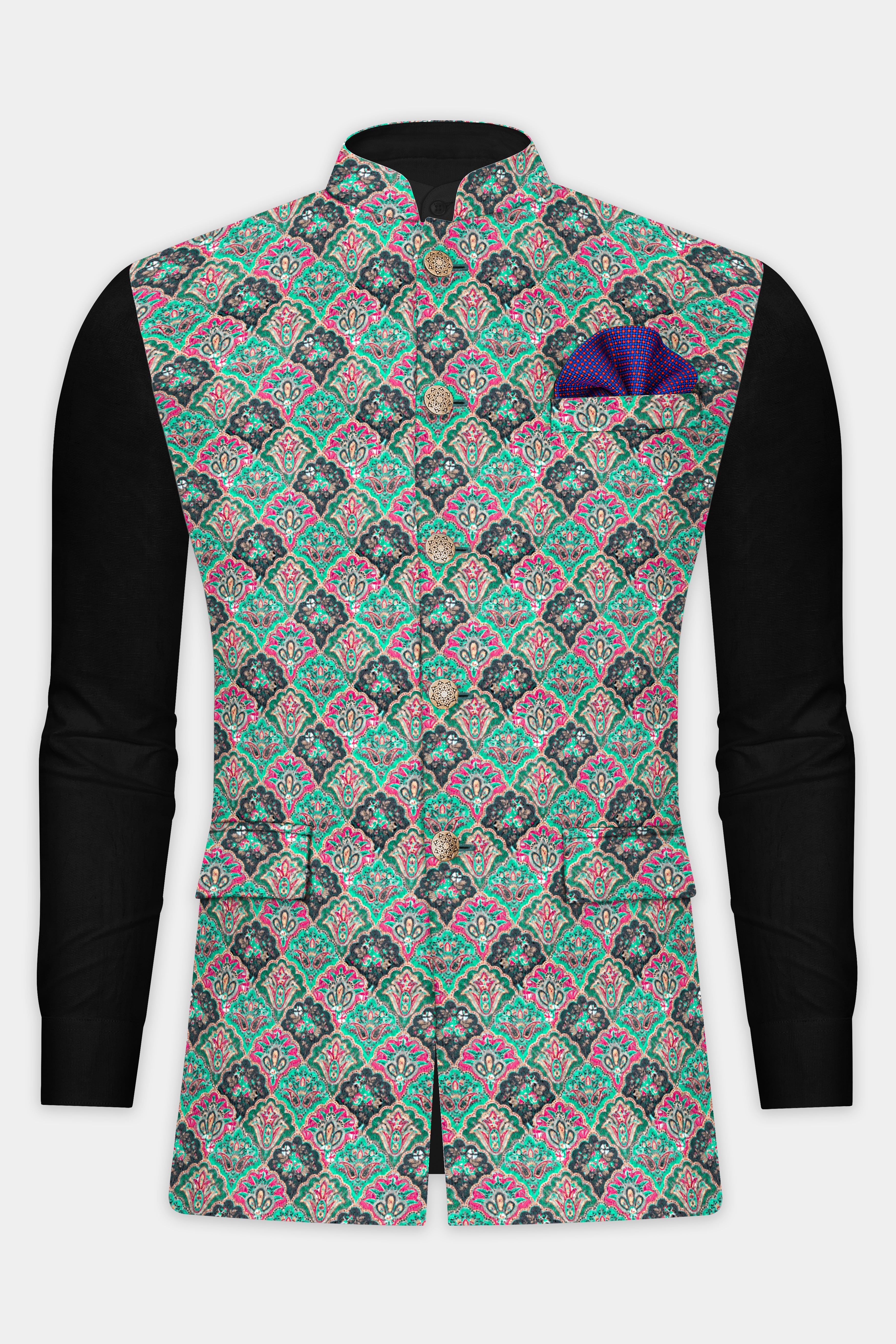 Turquoise Blue And Raspberry Pink Designer Thread Embroidered Nehru Jacket