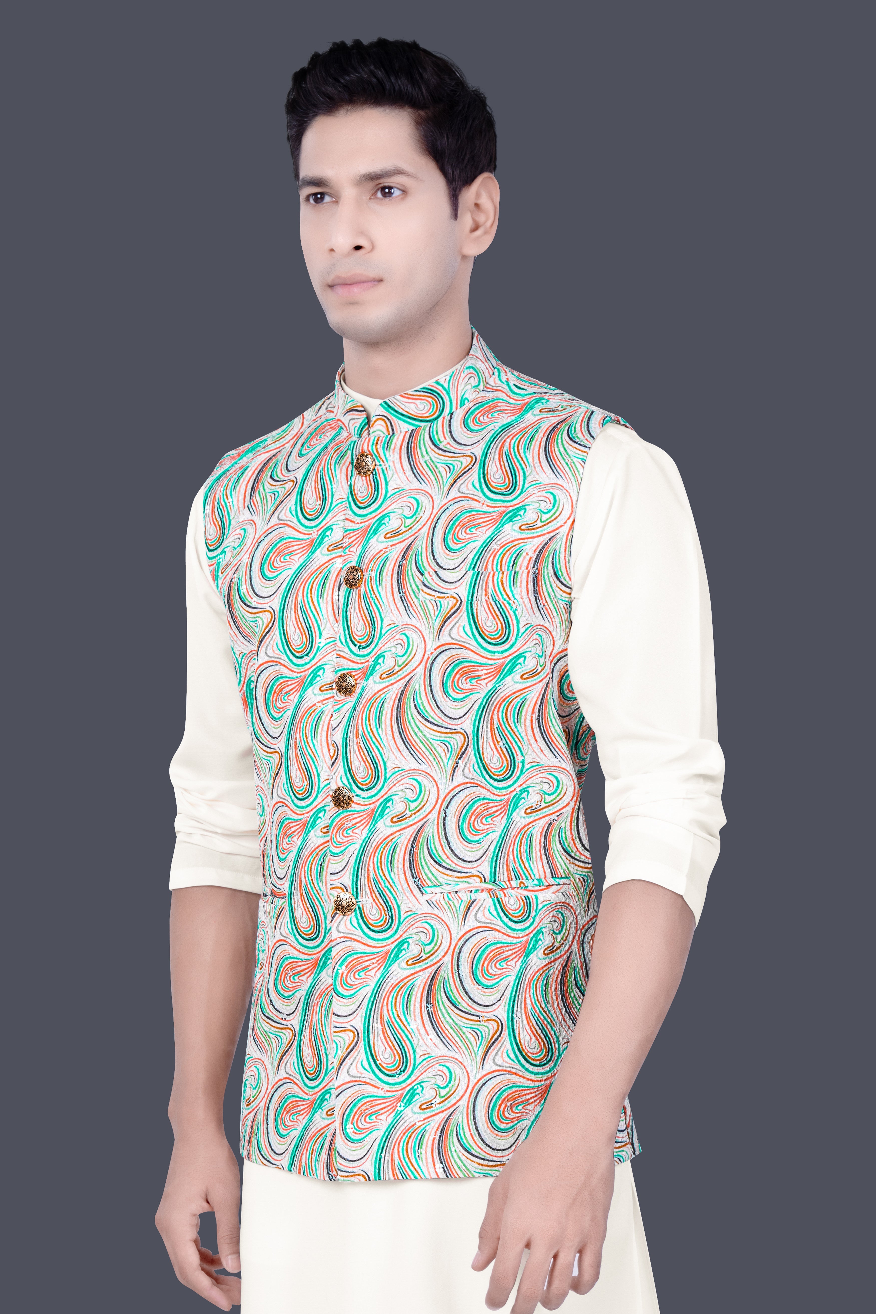 Bright White And Turquoise Blue MultiColour Designer Thread Embroidered Nehru Jacket