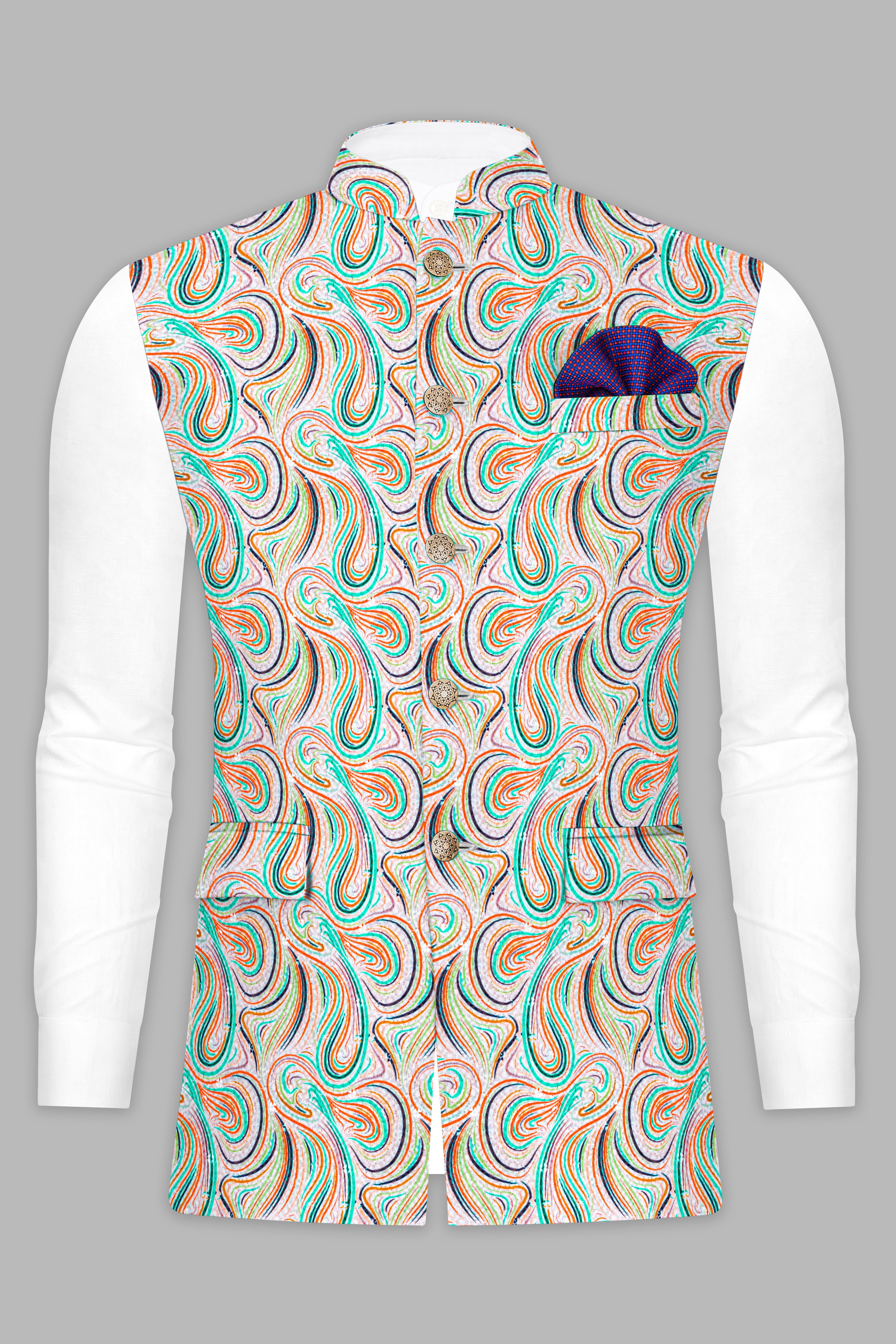 Bright White And Turquoise Blue MultiColour Designer Thread Embroidered Nehru Jacket