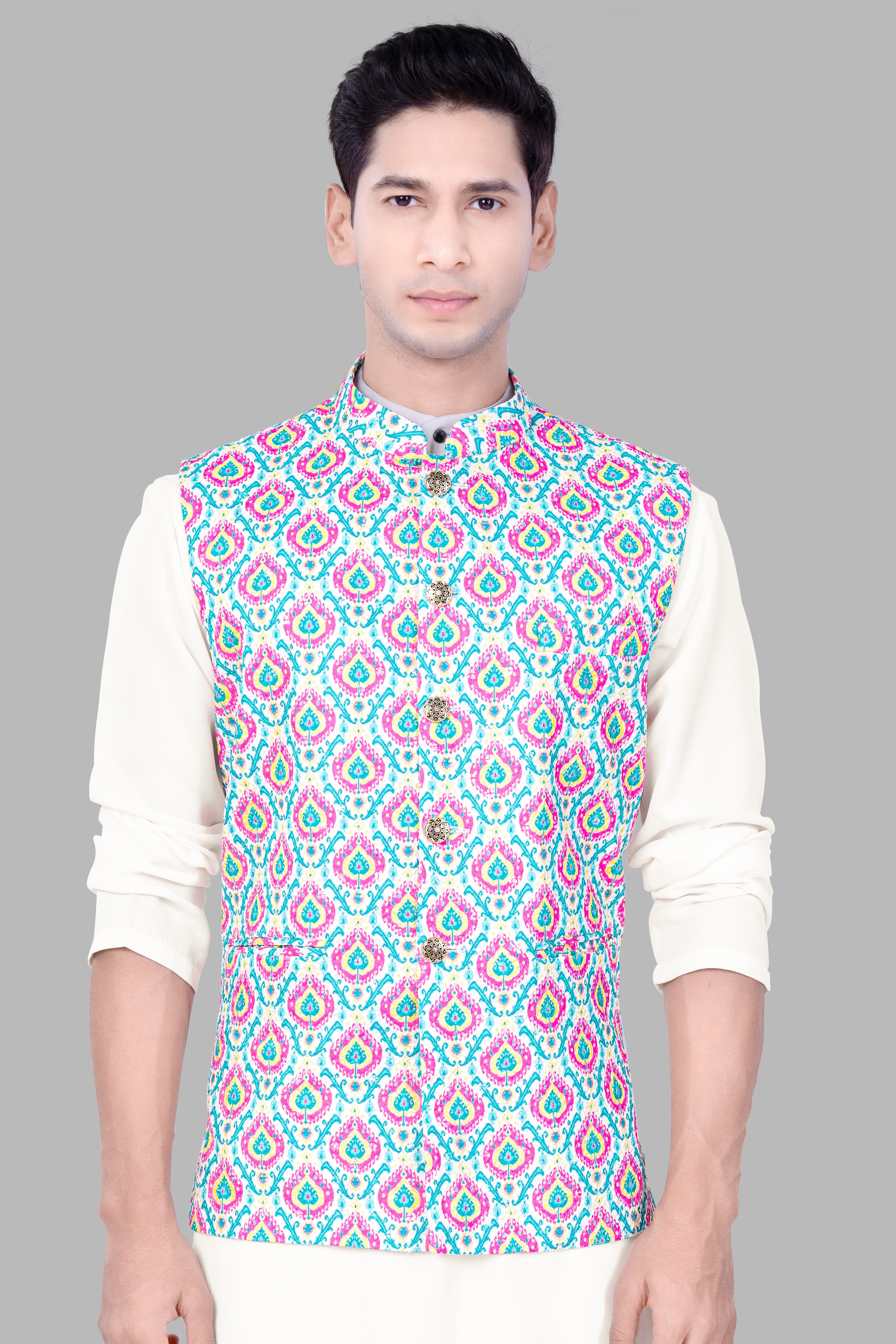 Bright White And lllusion Pink Designer Thread Embroidered Nehru Jacket