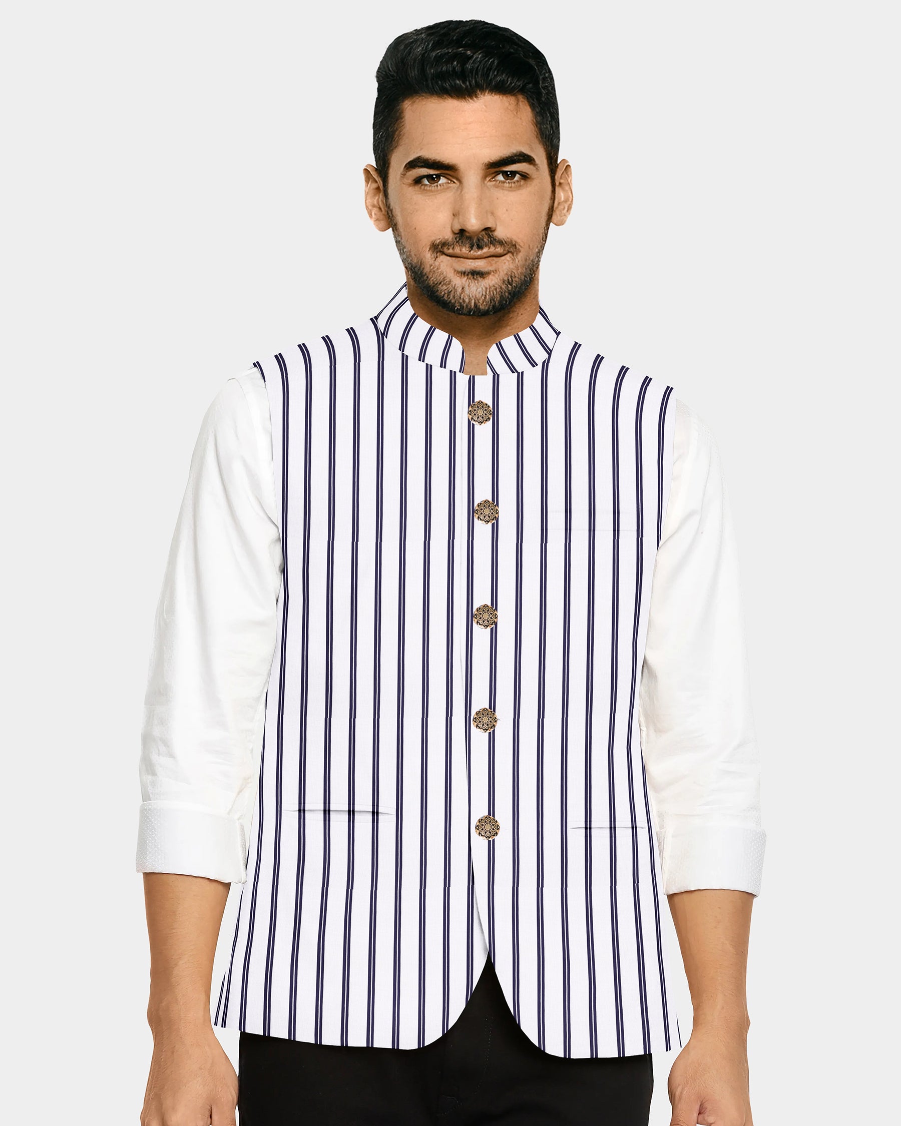 Bright White with Blue Designer Nehru Jacket