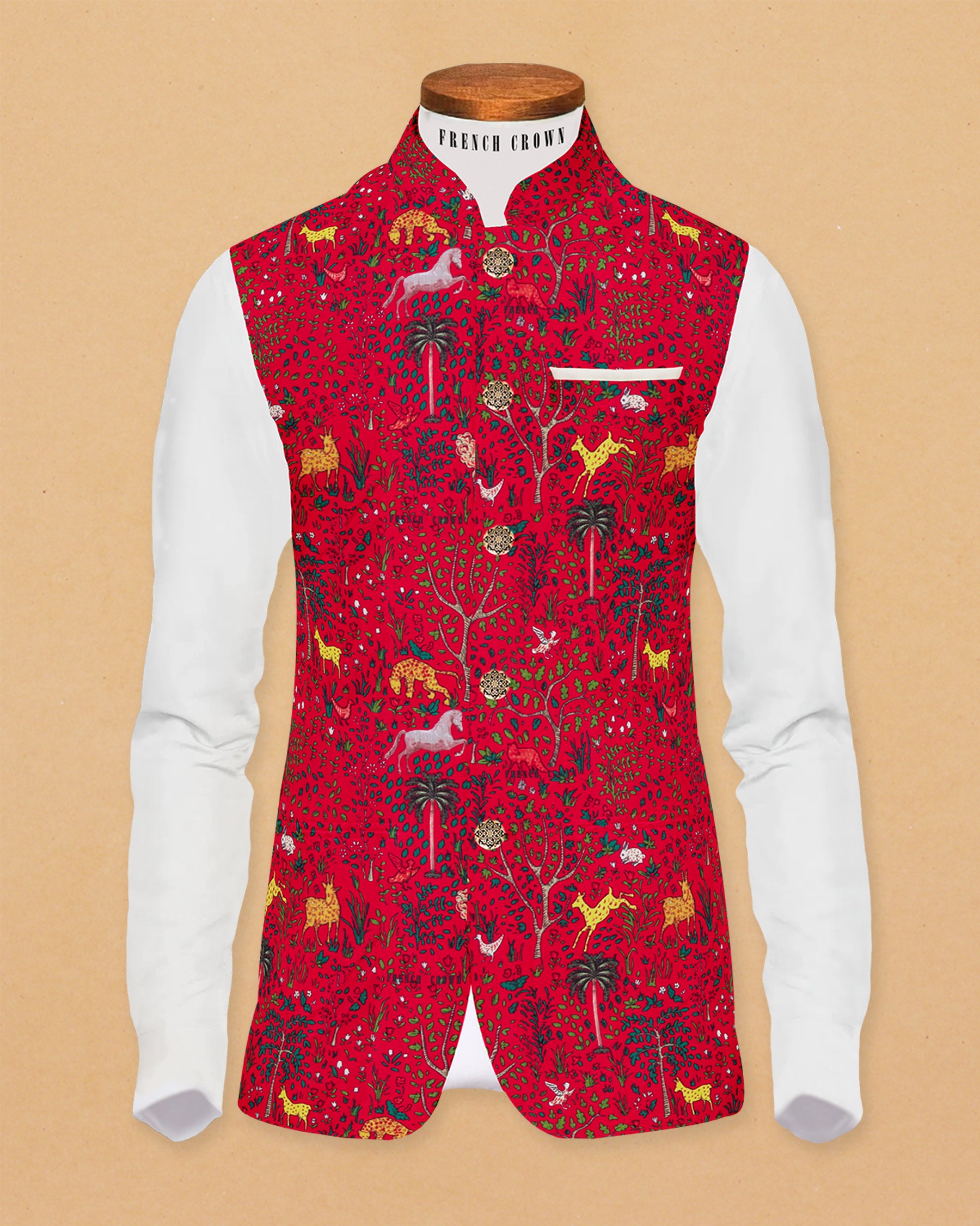 Vibrant Red Forest Print Super soft Premium Designer Nehru Jacket