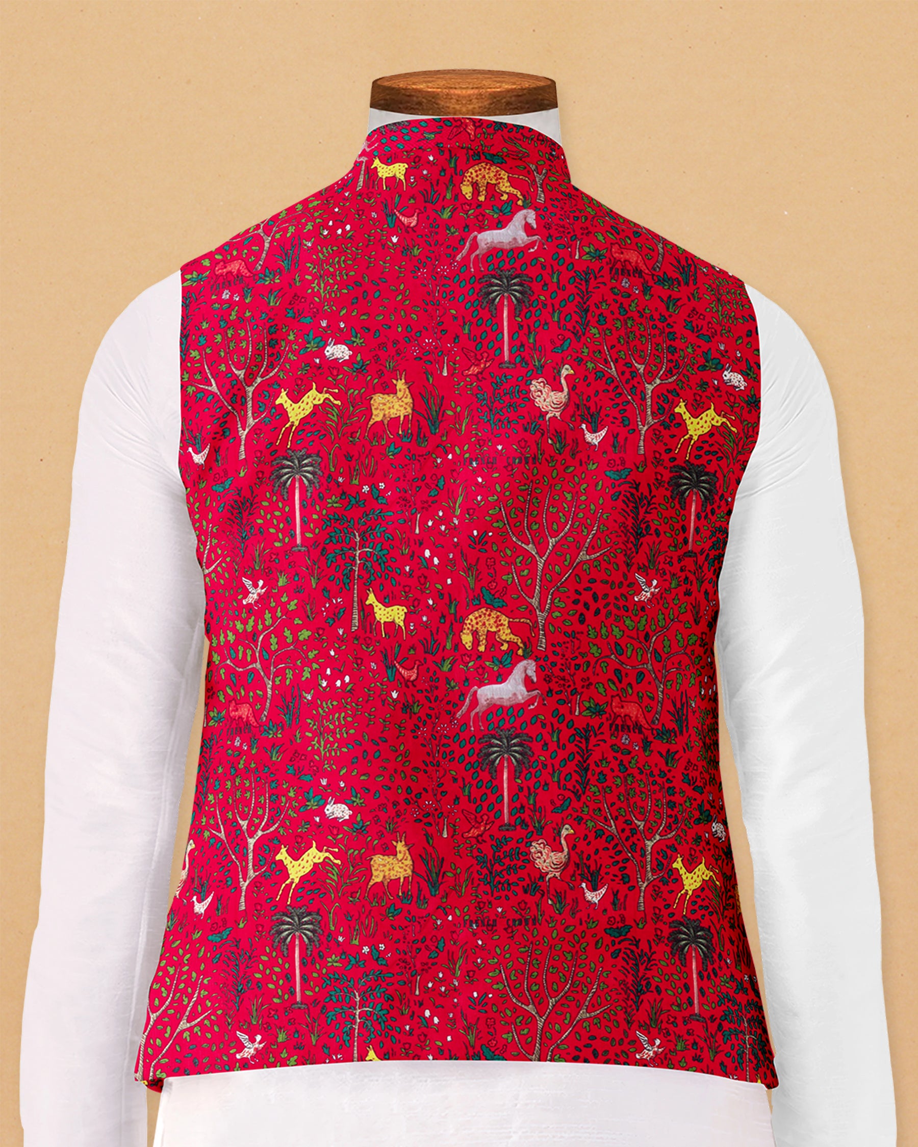 Vibrant Red Forest Print Super soft Premium Designer Nehru Jacket