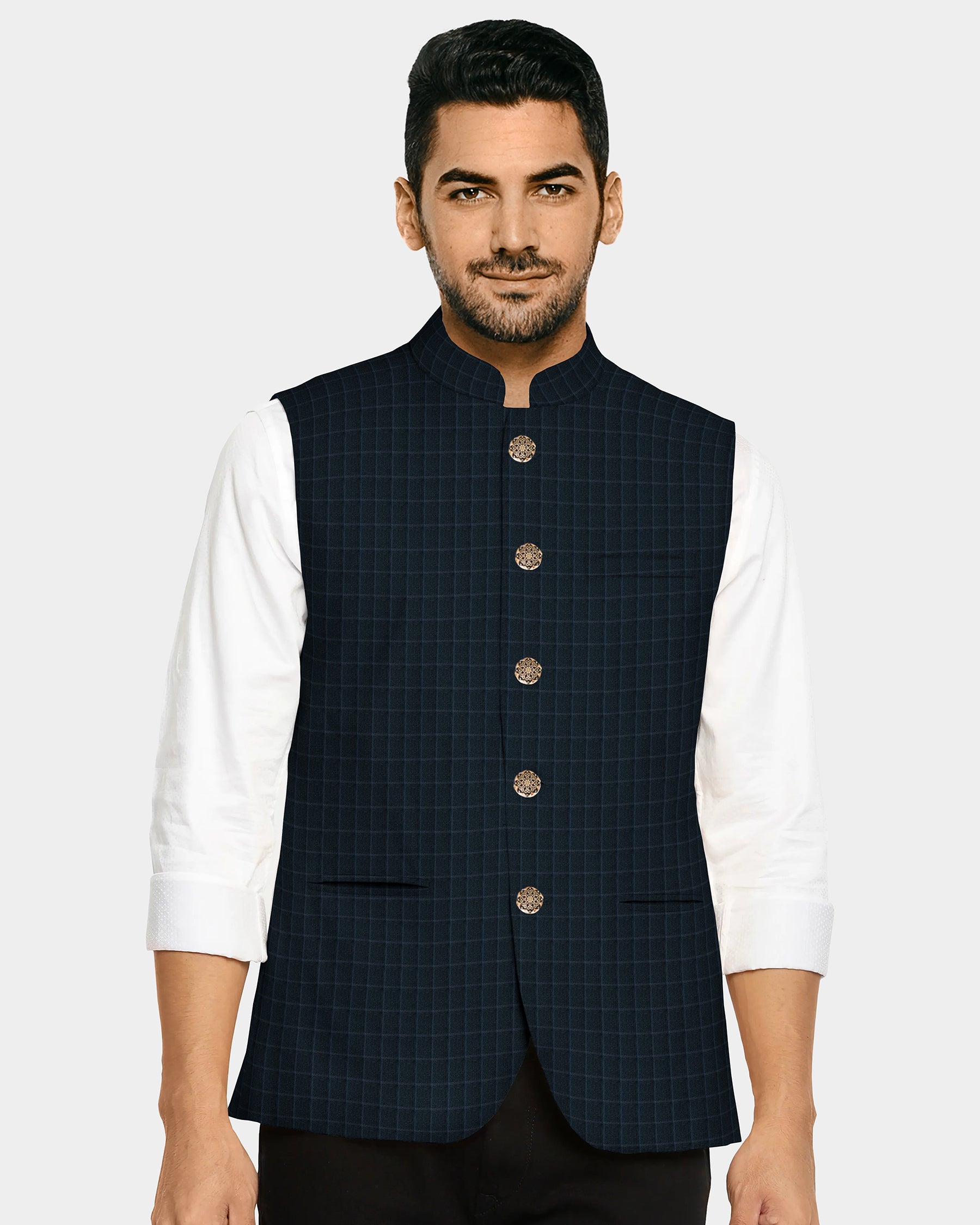 Black with Steel Blue Windowpane Terry-Rayon Nehru Jacket