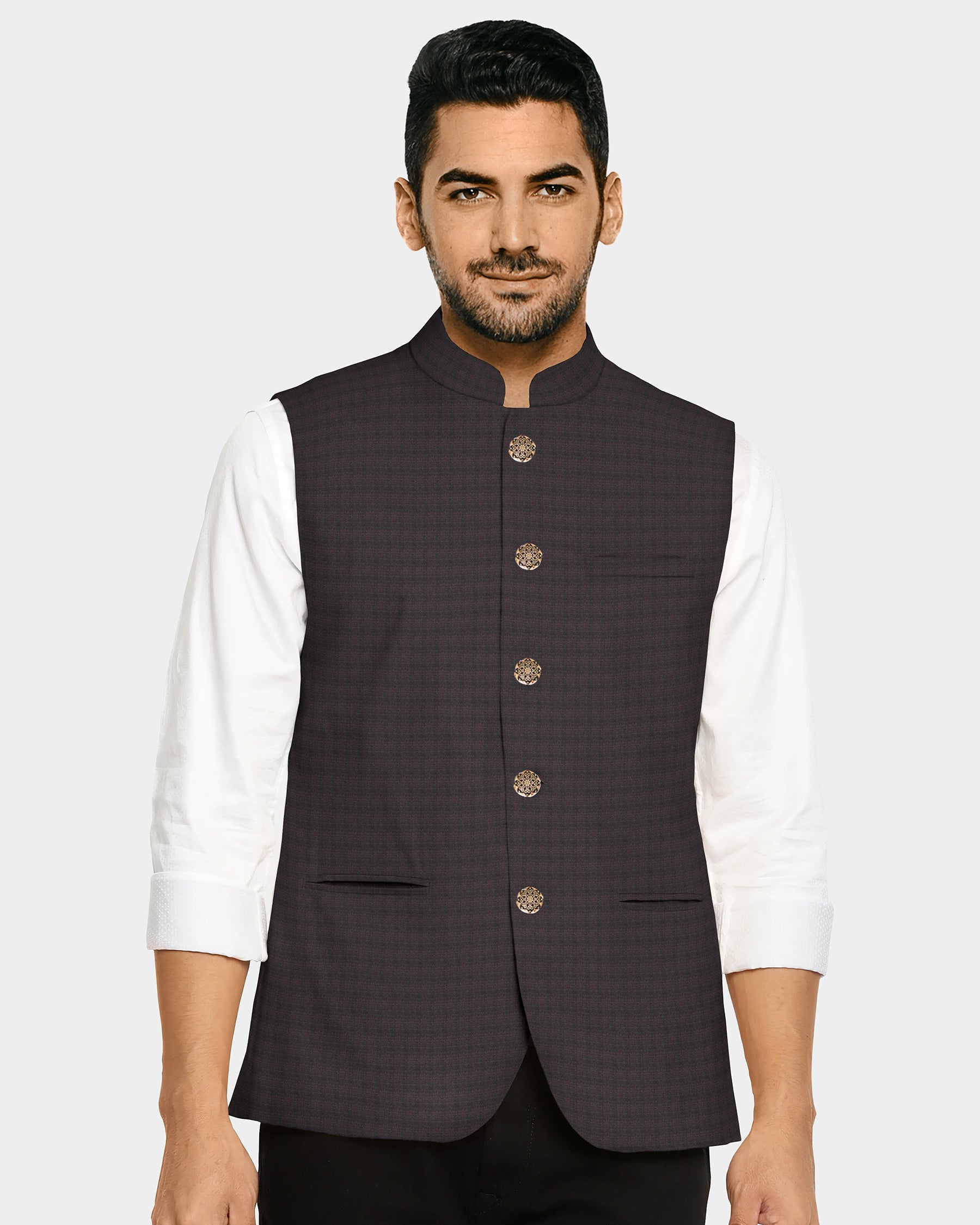 Maroon with Black subtle windowpane Terry-Rayon Nehru Jacket