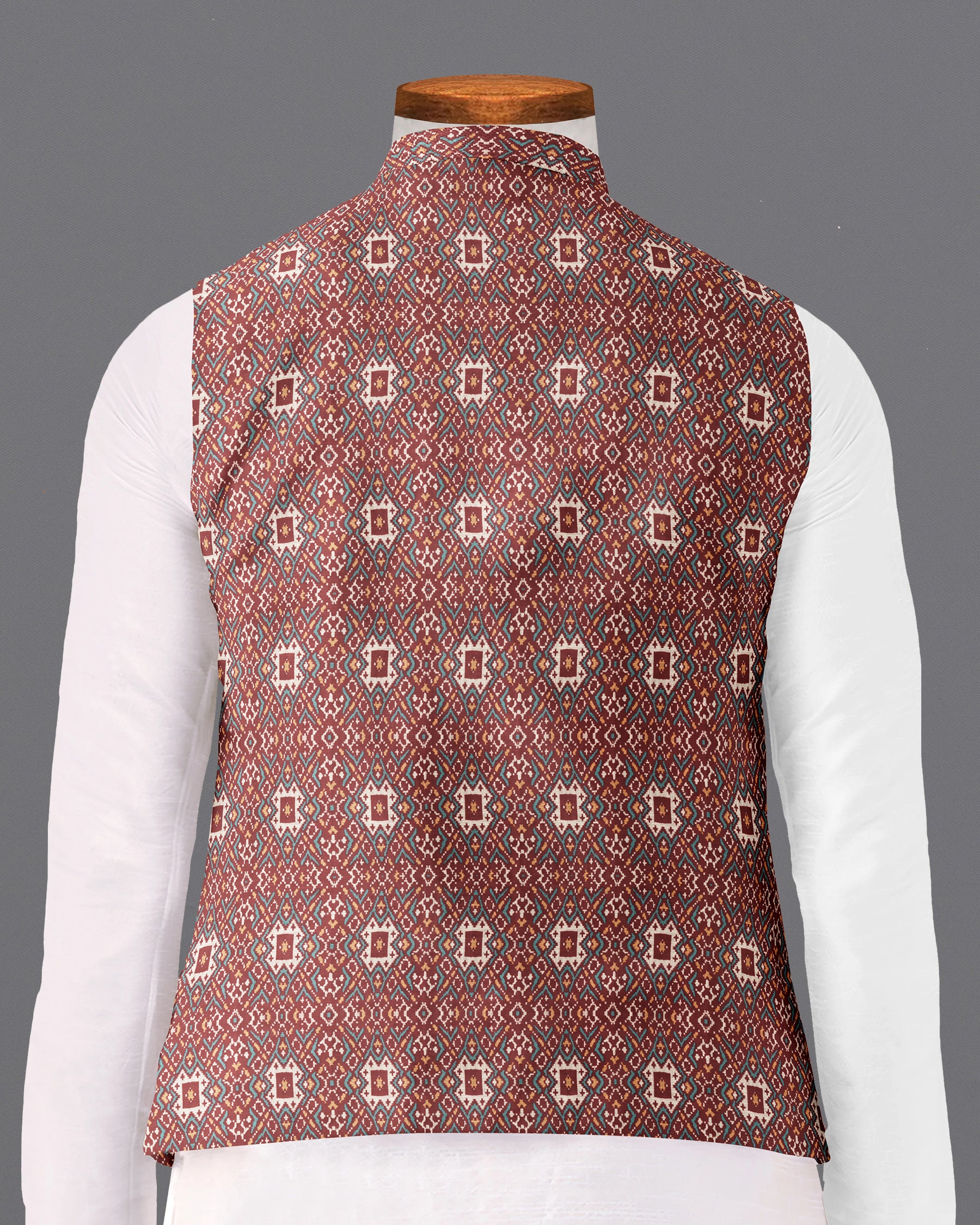 Red Ikat Print Nehru Jacket