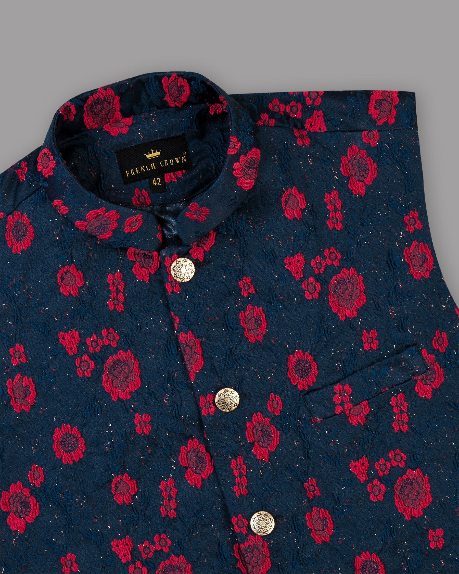 Navy with Red Flower Jacquard Patterned Designer Waistcoat WC895-36, WC895-38, WC895-46, WC895-48, WC895-50, WC895-60, WC895-52, WC895-54, WC895-56, WC895-58, WC895-42, WC895-44, WC895-40