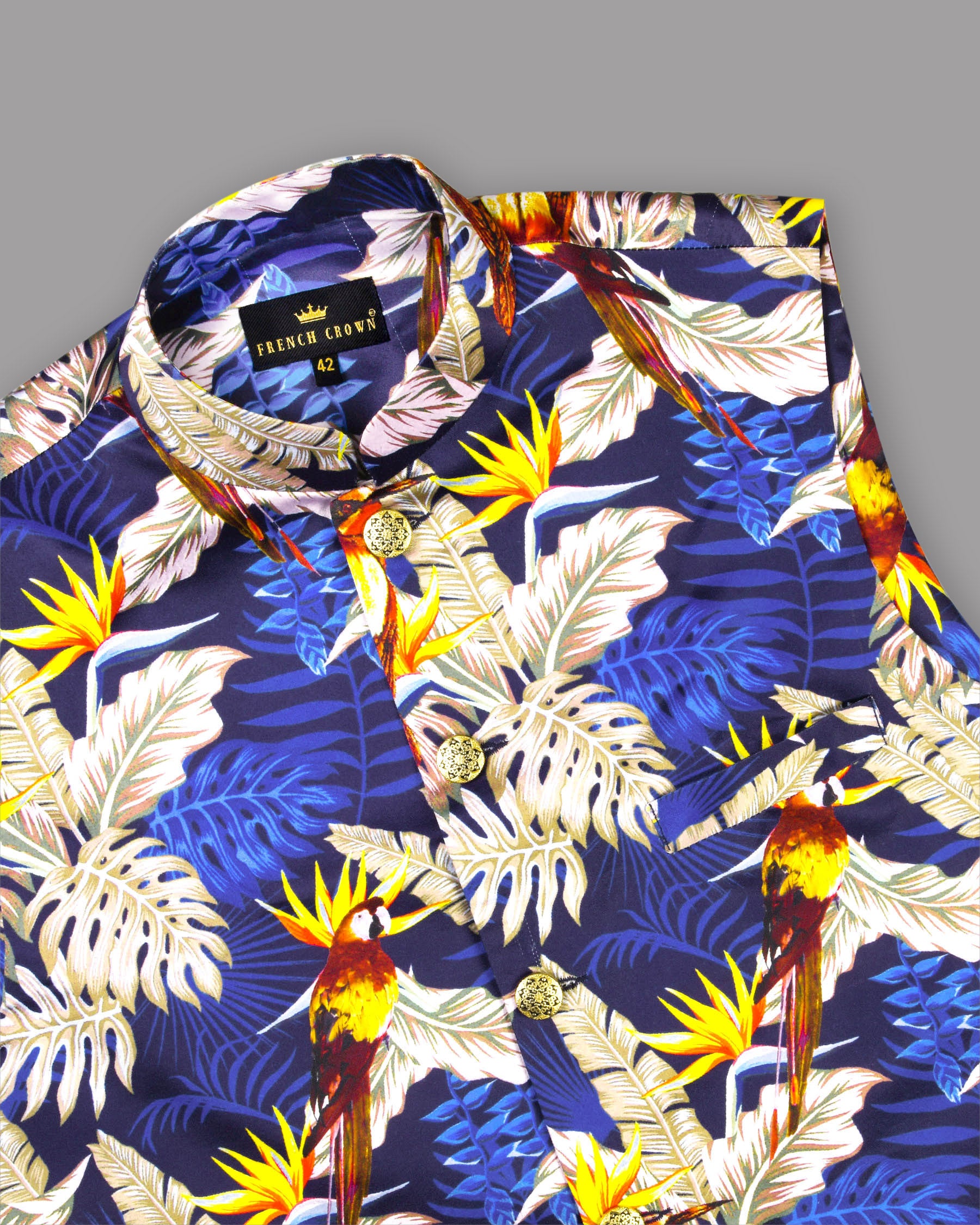 Navy with Colourful Leaves and Parrot Printed Designer Waistcoat WC896-36, WC896-40, WC896-50, WC896-52, WC896-60, WC896-38, WC896-58, WC896-42, WC896-48, WC896-56, WC896-44, WC896-46, WC896-54