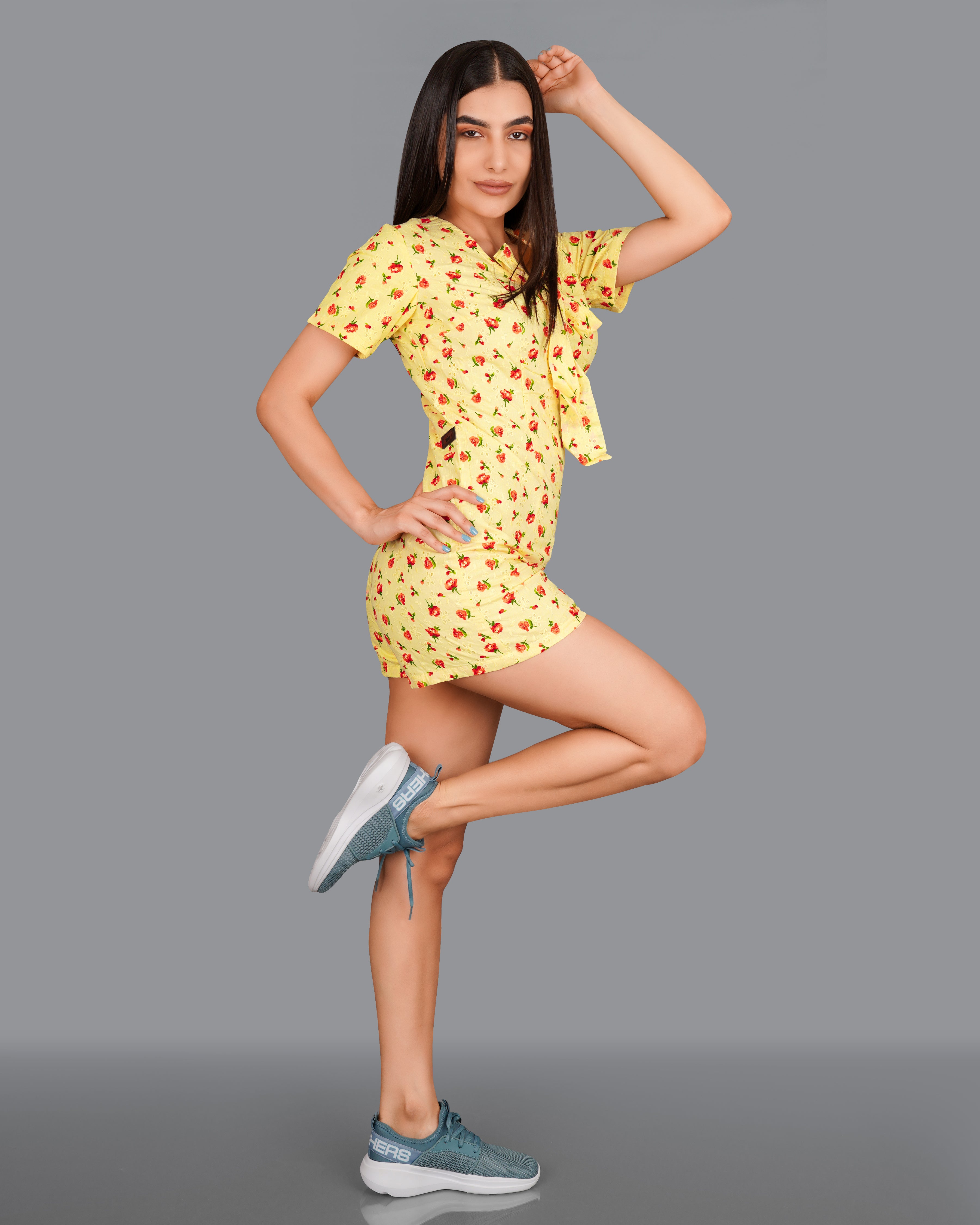 Kournikova Yellow Rose Printed Premium Cotton Jumpsuit WD005-32, WD005-34, WD005-36, WD005-38, WD005-40, WD005-42