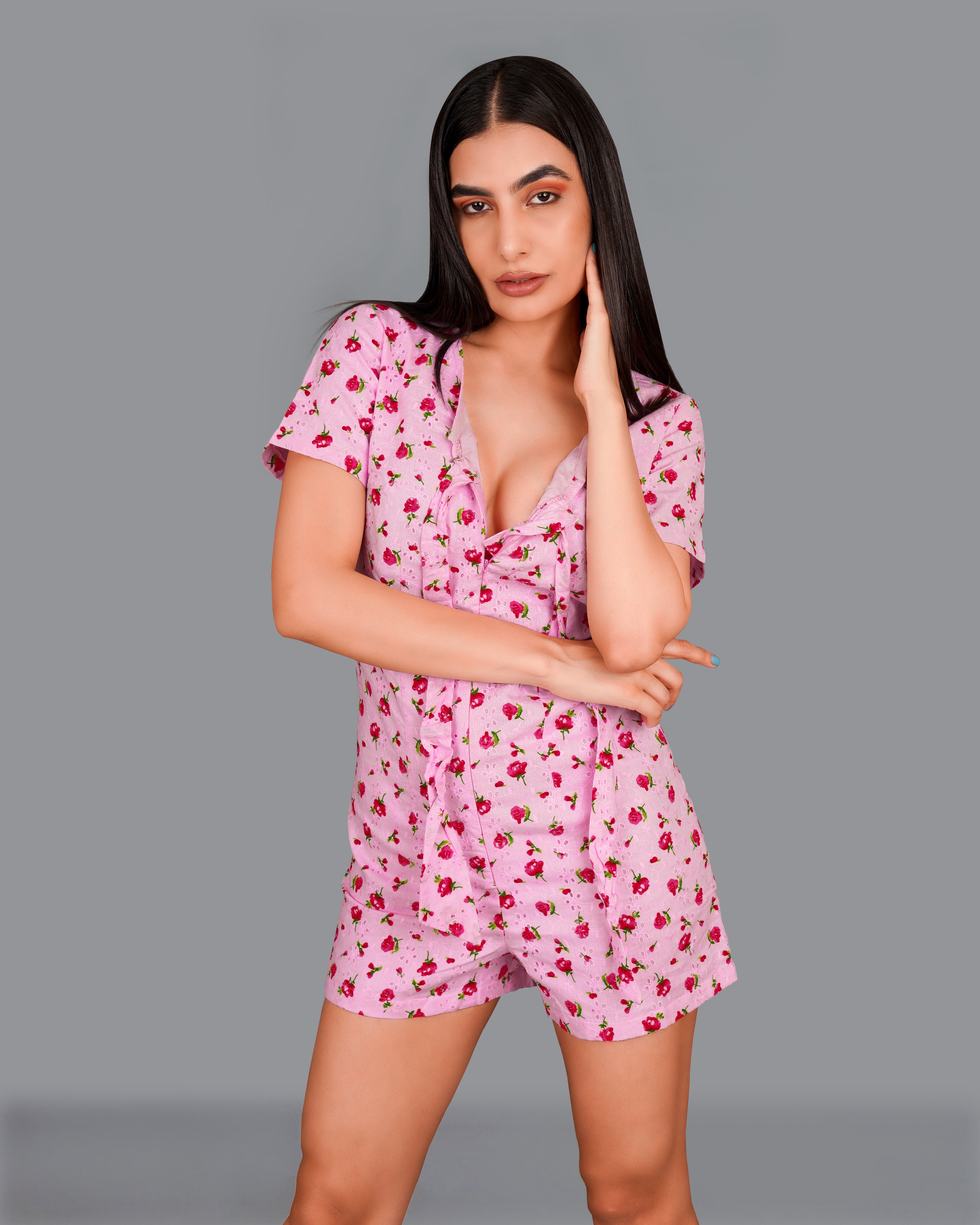 Blossom Pink Rose Printed Premium Cotton Jumpsuit WD007-32, WD007-34, WD007-36, WD007-38, WD007-40, WD007-42