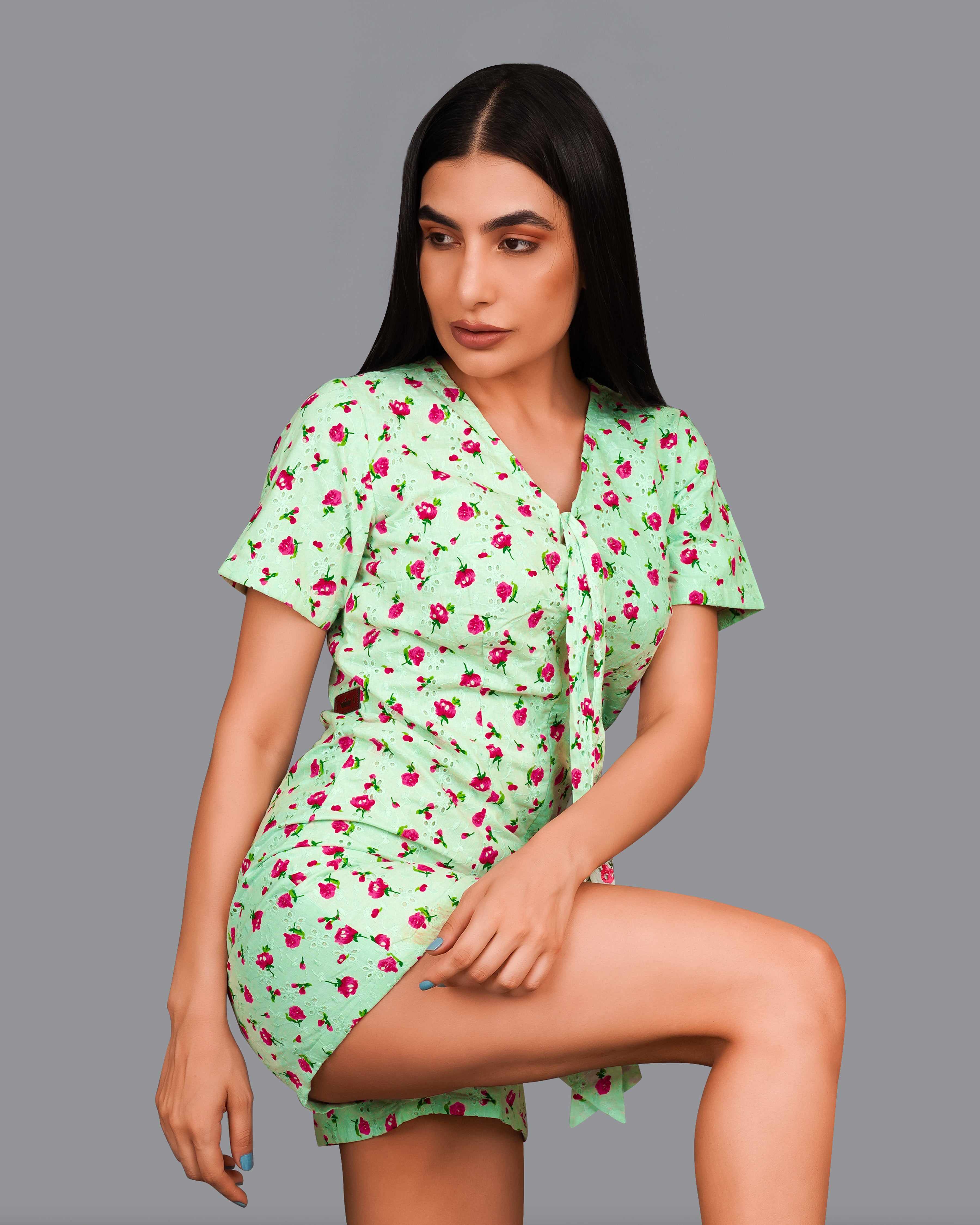 Celadon Green Rose Printed Premium Cotton Jumpsuit WD008-32, WD008-34, WD008-36, WD008-38, WD008-40, WD008-42 