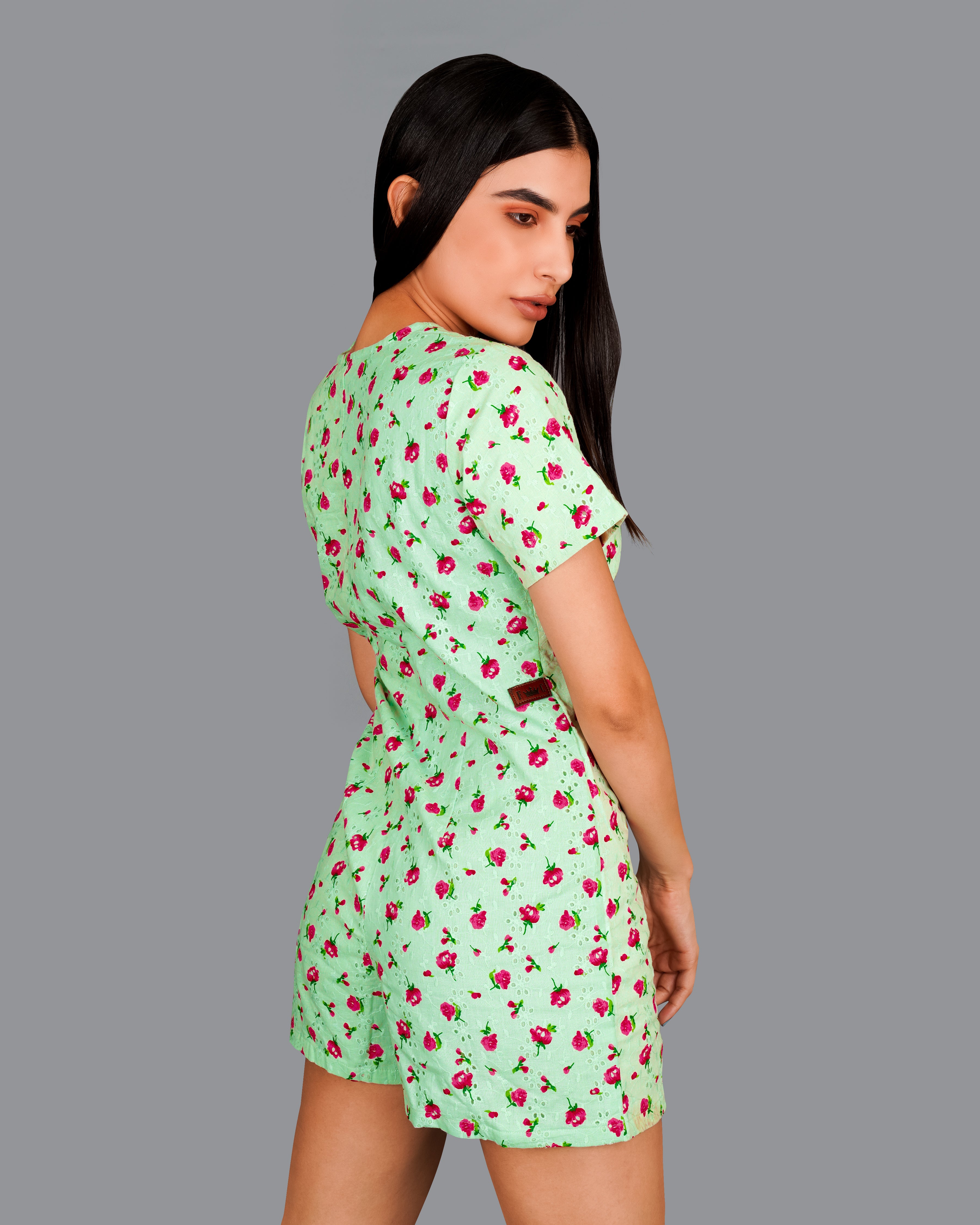 Celadon Green Rose Printed Premium Cotton Jumpsuit WD008-32, WD008-34, WD008-36, WD008-38, WD008-40, WD008-42 