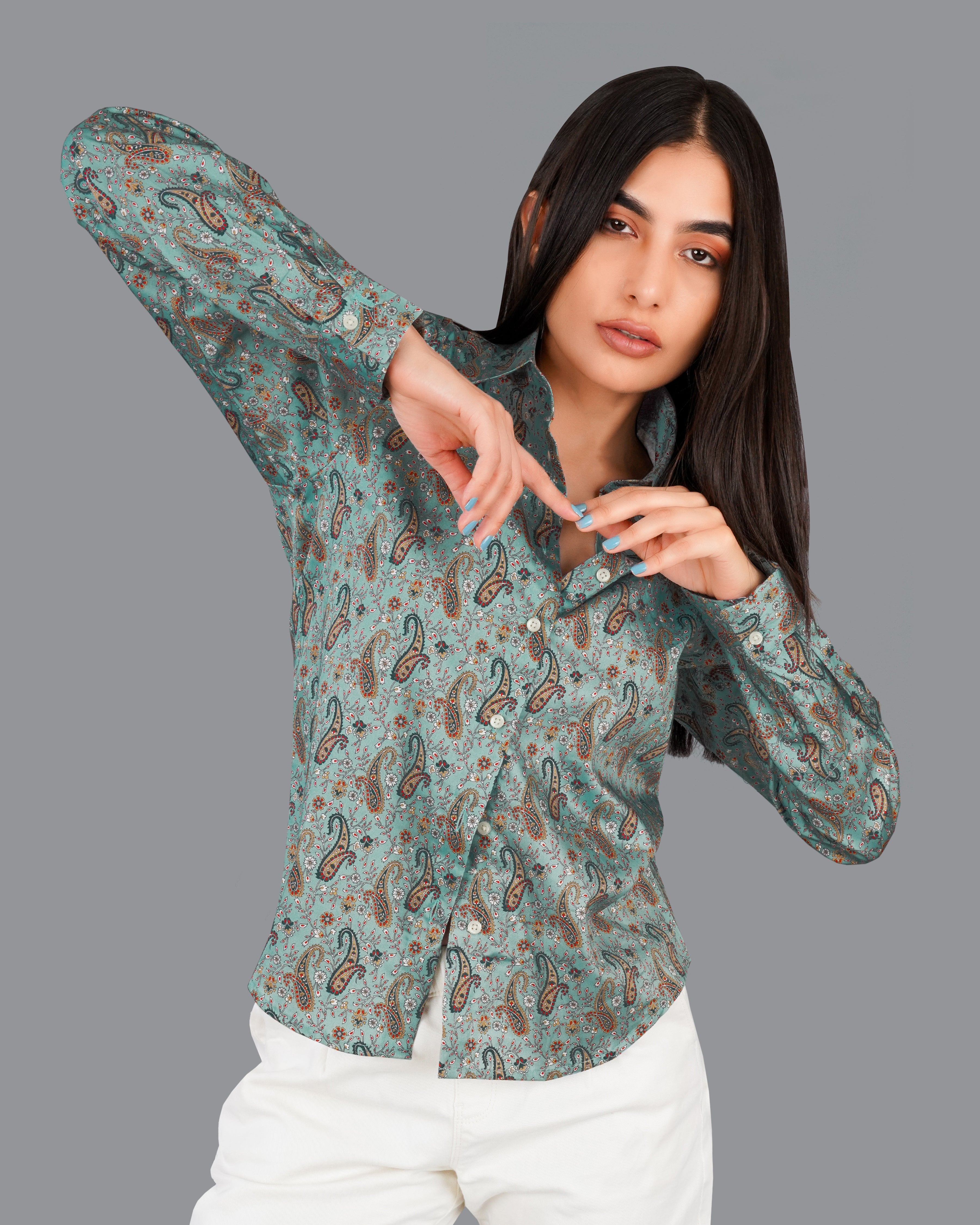Cadet Green Paisley Printed Premium Cotton Shirt WS014-32, WS014-34, WS014-36, WS014-38, WS014-40, WS014-42