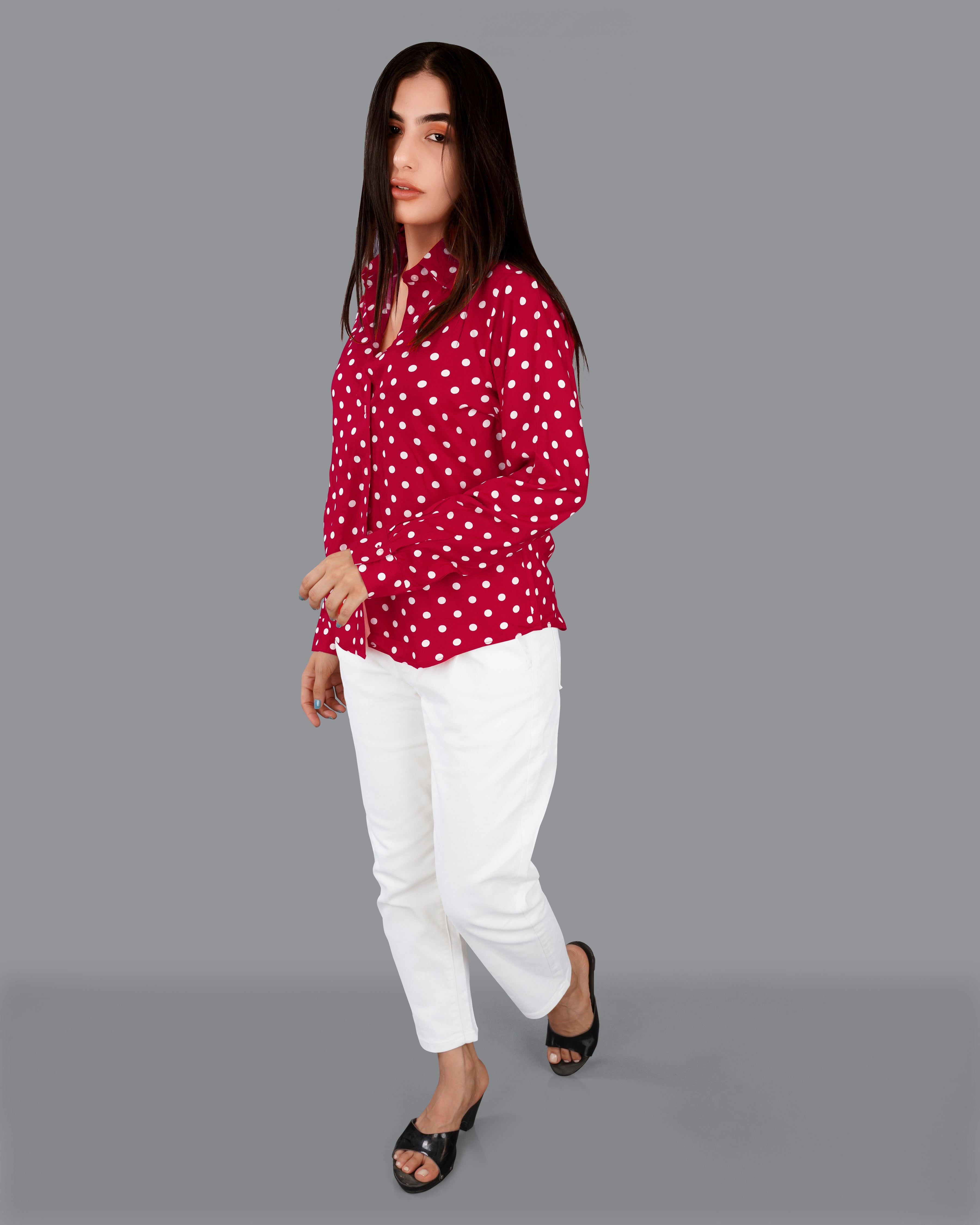Shiraz Red Polka Dotted Premium Tencel Shirt WS016-32, WS016-34, WS016-36, WS016-38, WS016-40, WS016-42 WS016-32, WS016-34, WS016-36, WS016-38, WS016-40, WS016-42