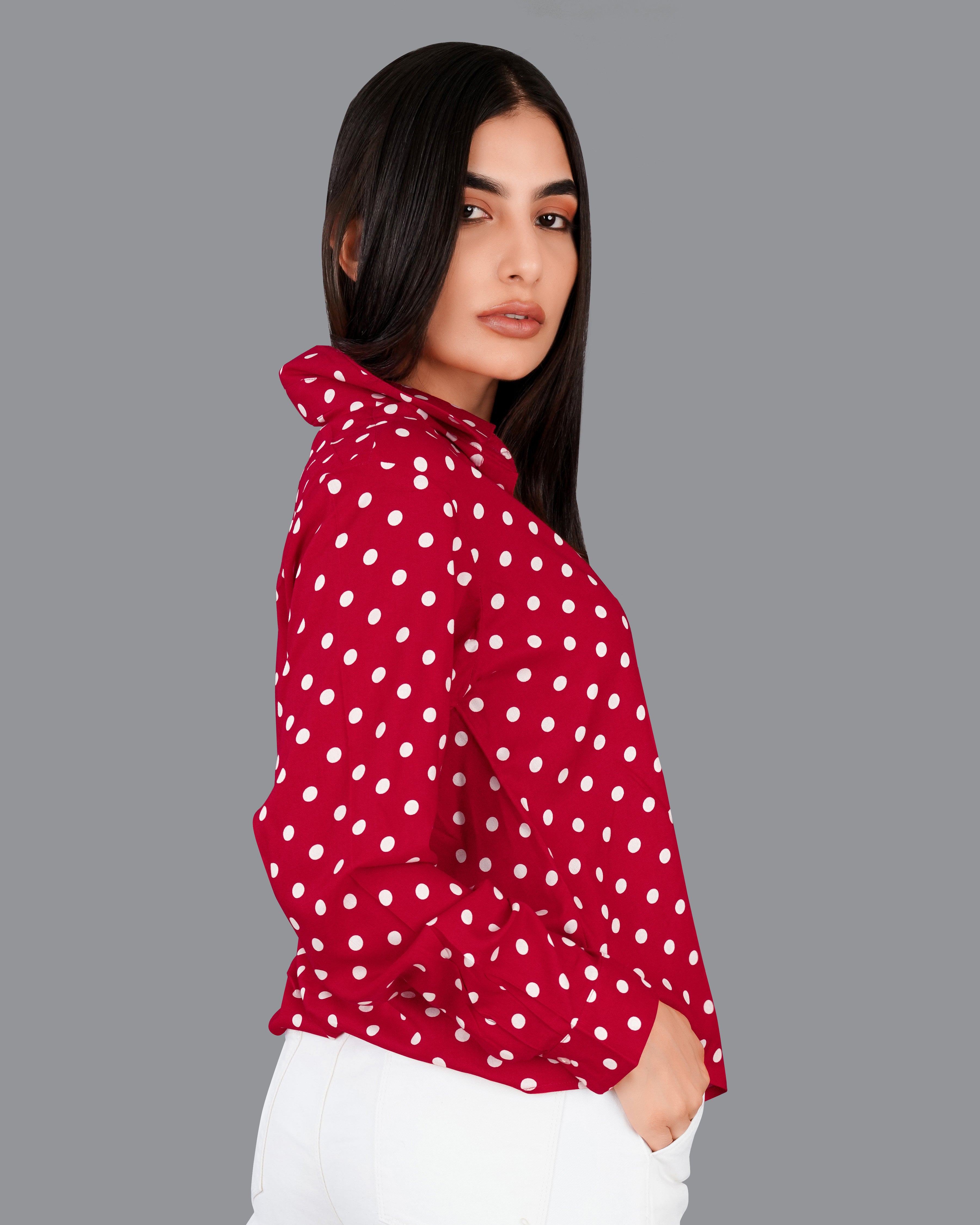 Shiraz Red Polka Dotted Premium Tencel Shirt WS016-32, WS016-34, WS016-36, WS016-38, WS016-40, WS016-42 WS016-32, WS016-34, WS016-36, WS016-38, WS016-40, WS016-42