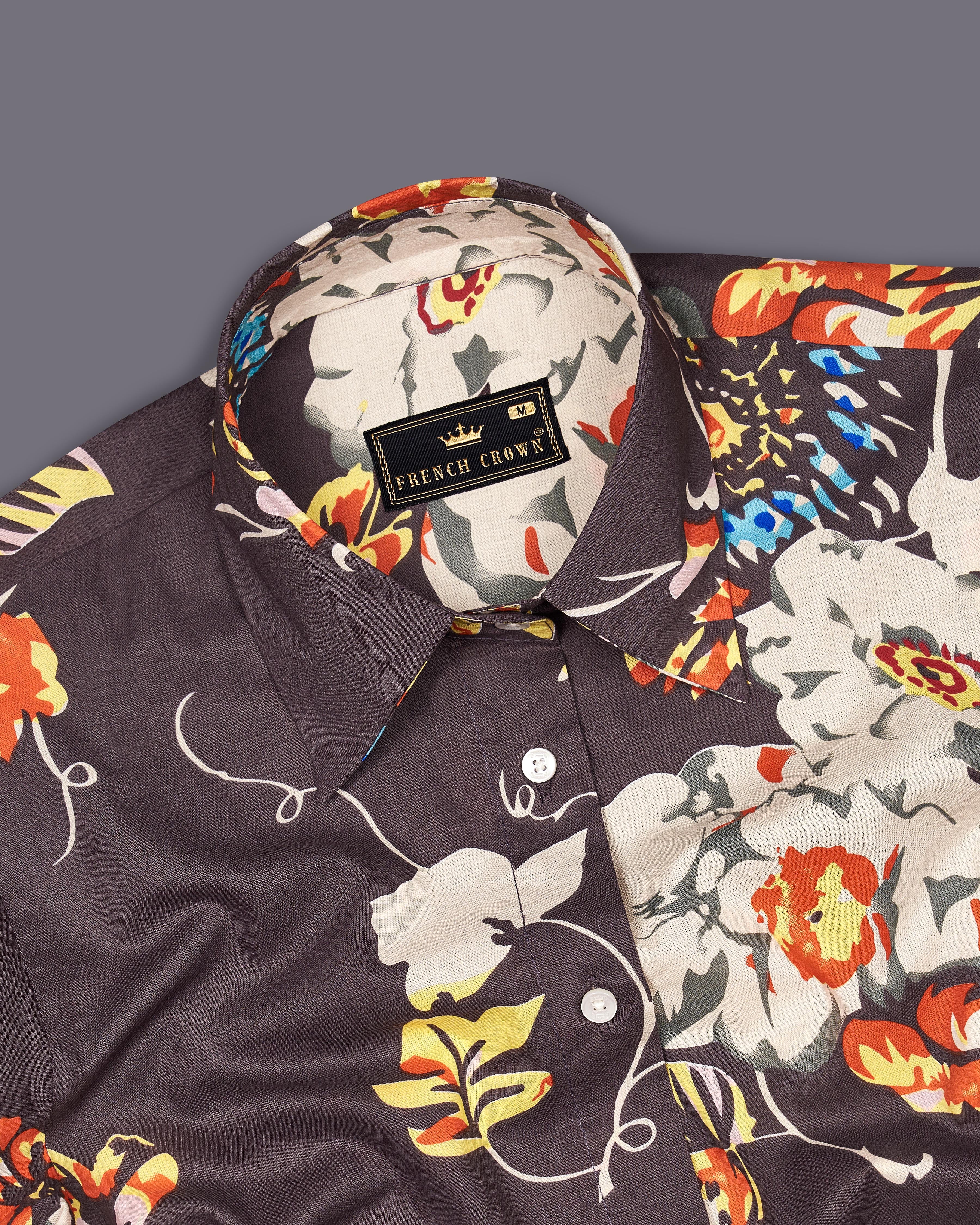 Fuscous Brown Floral Printed Premium Cotton Shirt WS018-32, WS018-34, WS018-36, WS018-38, WS018-40, WS018-42