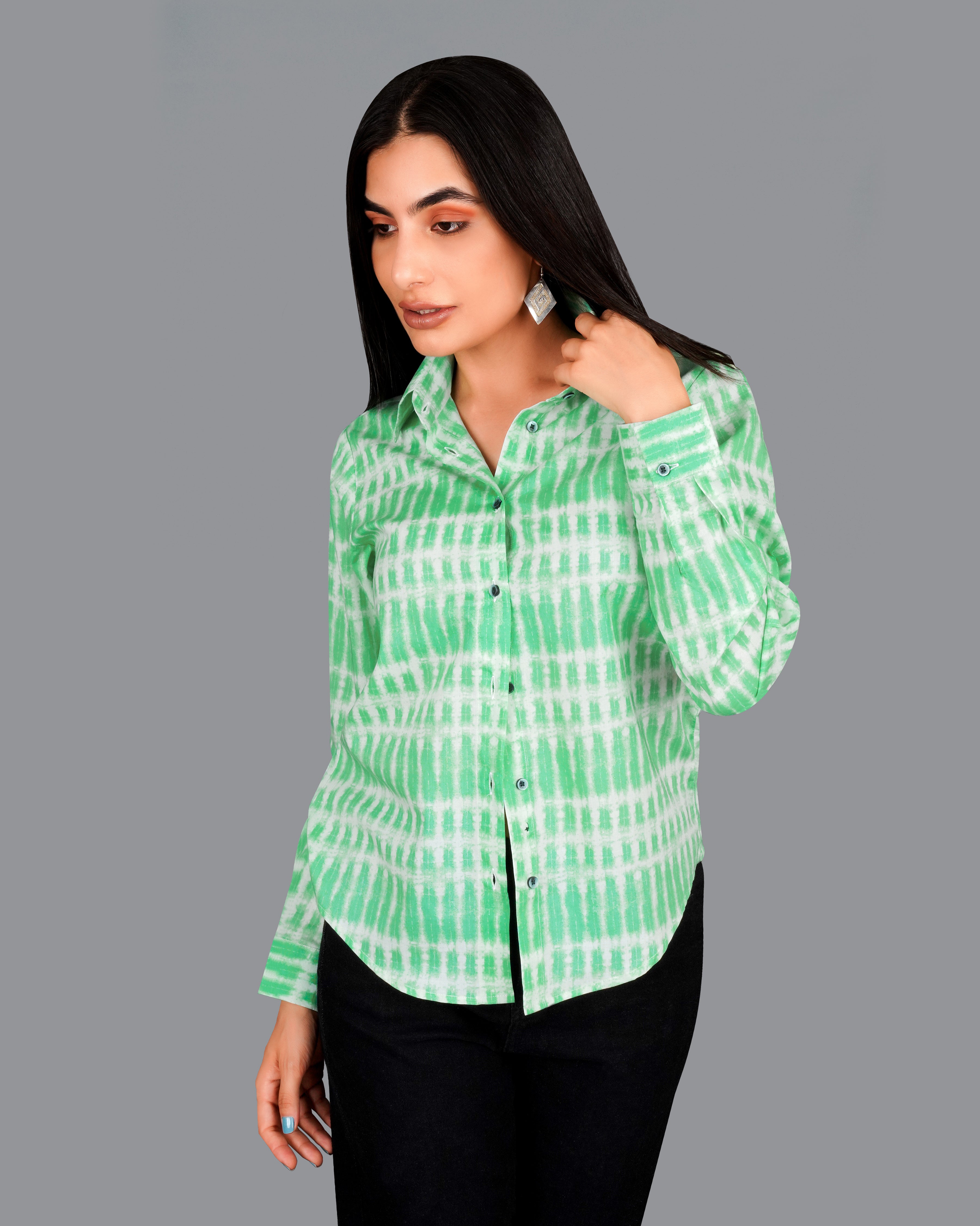 Teal Green with Bright White Printed Premium Tencel Shirt WS027-BLK-32, WS027-BLK-34, WS027-BLK-36, WS027-BLK-38, WS027-BLK-40, WS027-BLK-42