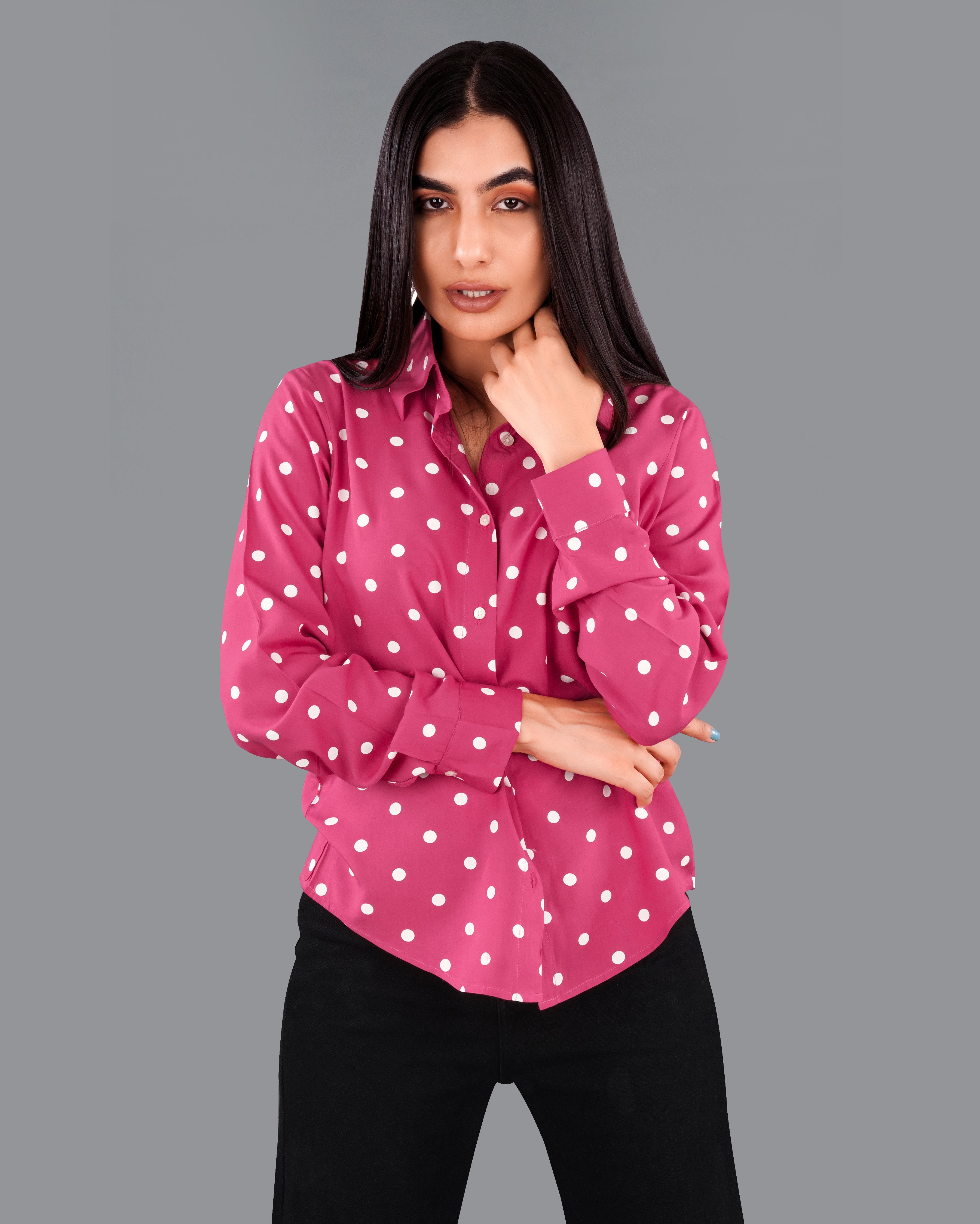 Rhino Pink Polka Dotted Premium Tencel Shirt WS036-32, WS036-34, WS036-36, WS036-38, WS036-40, WS036-42