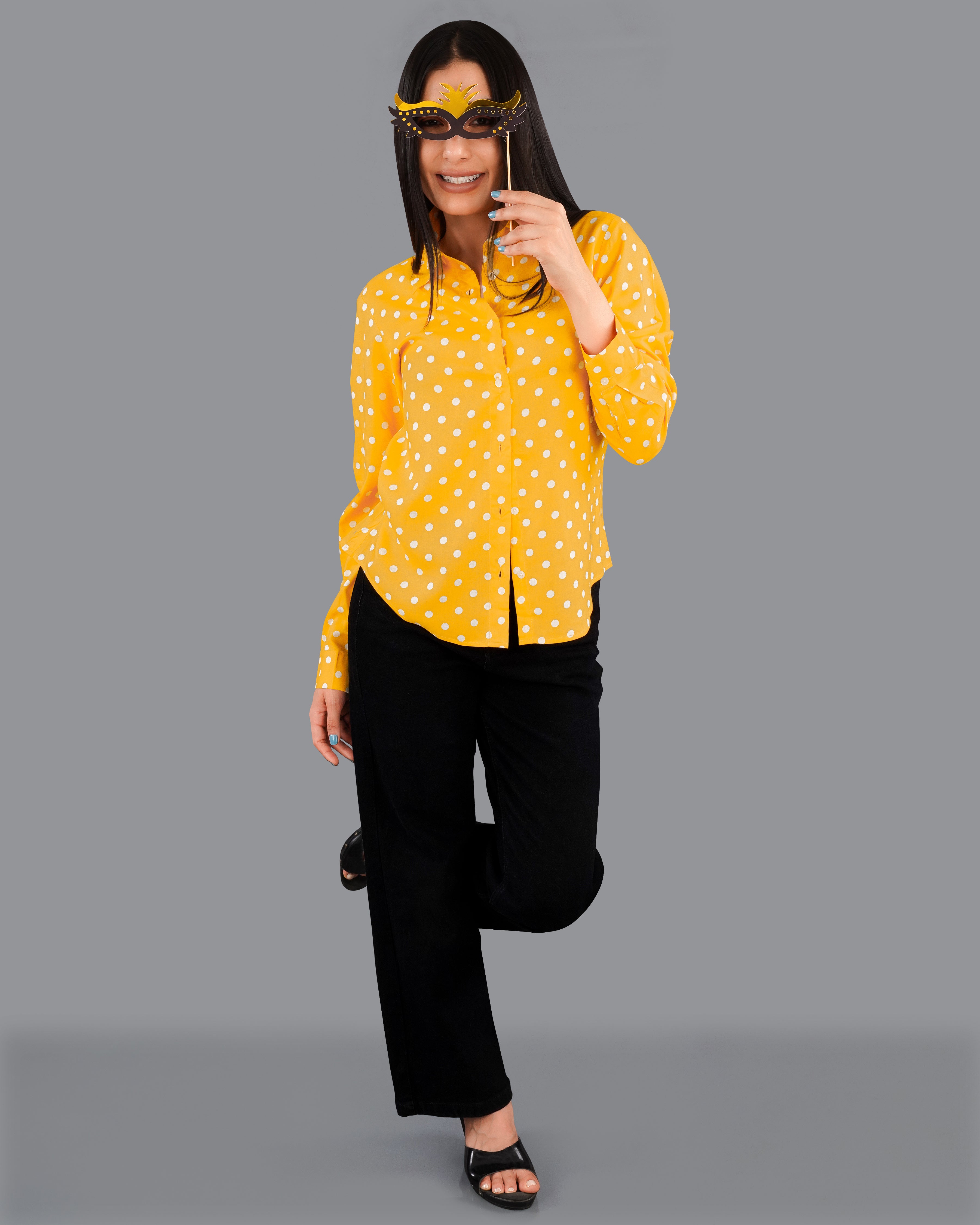 Tangerine Yellow Polka Dotted Premium Tencel Shirt WS037-32, WS037-34, WS037-36, WS037-38, WS037-40, WS037-42