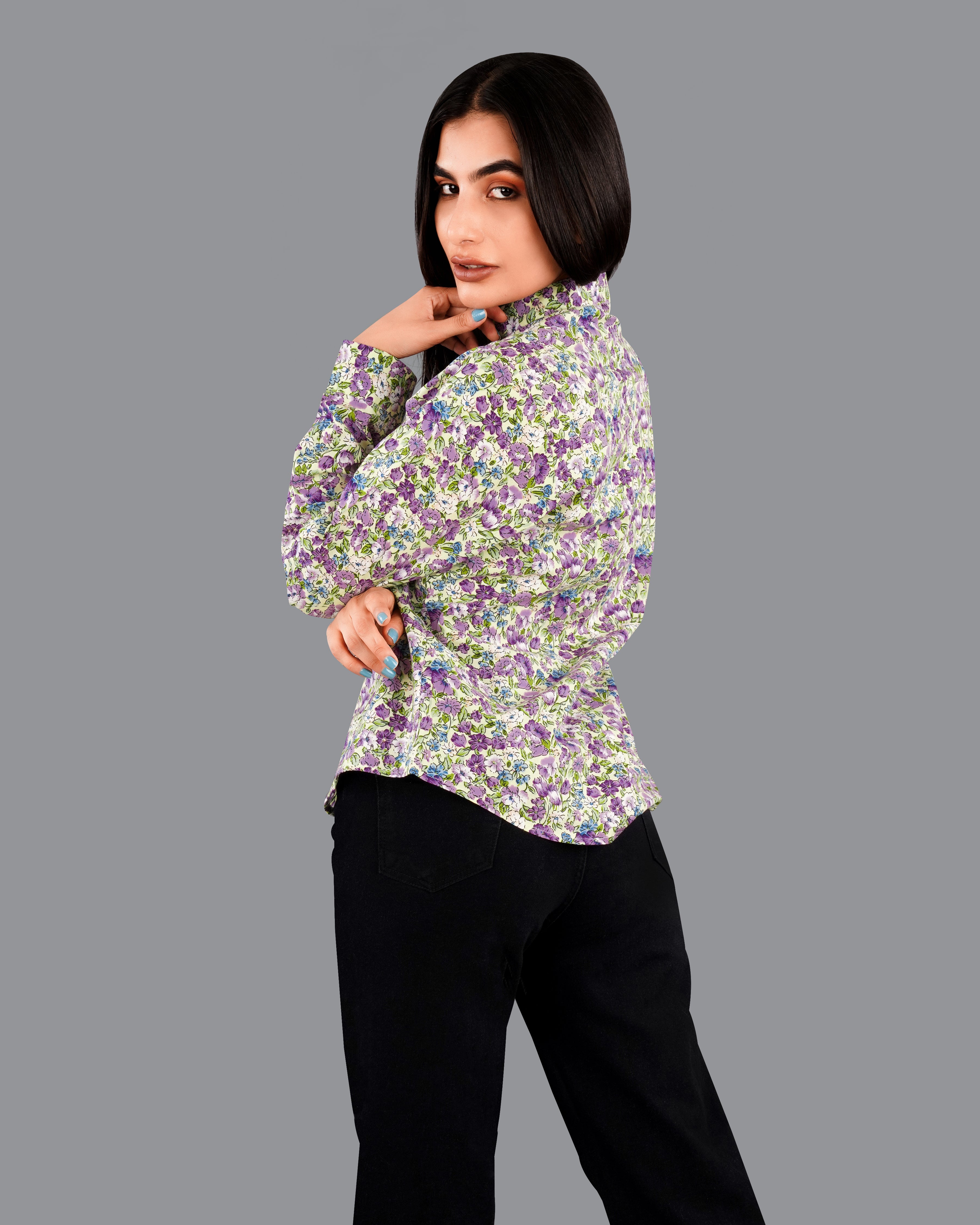 Tahuna Green with Wistteria Purple Floral Printed Premium Cotton Shirt WS041-M-32, WS041-M-34, WS041-M-36, WS041-M-38, WS041-M-40, WS041-M-42
