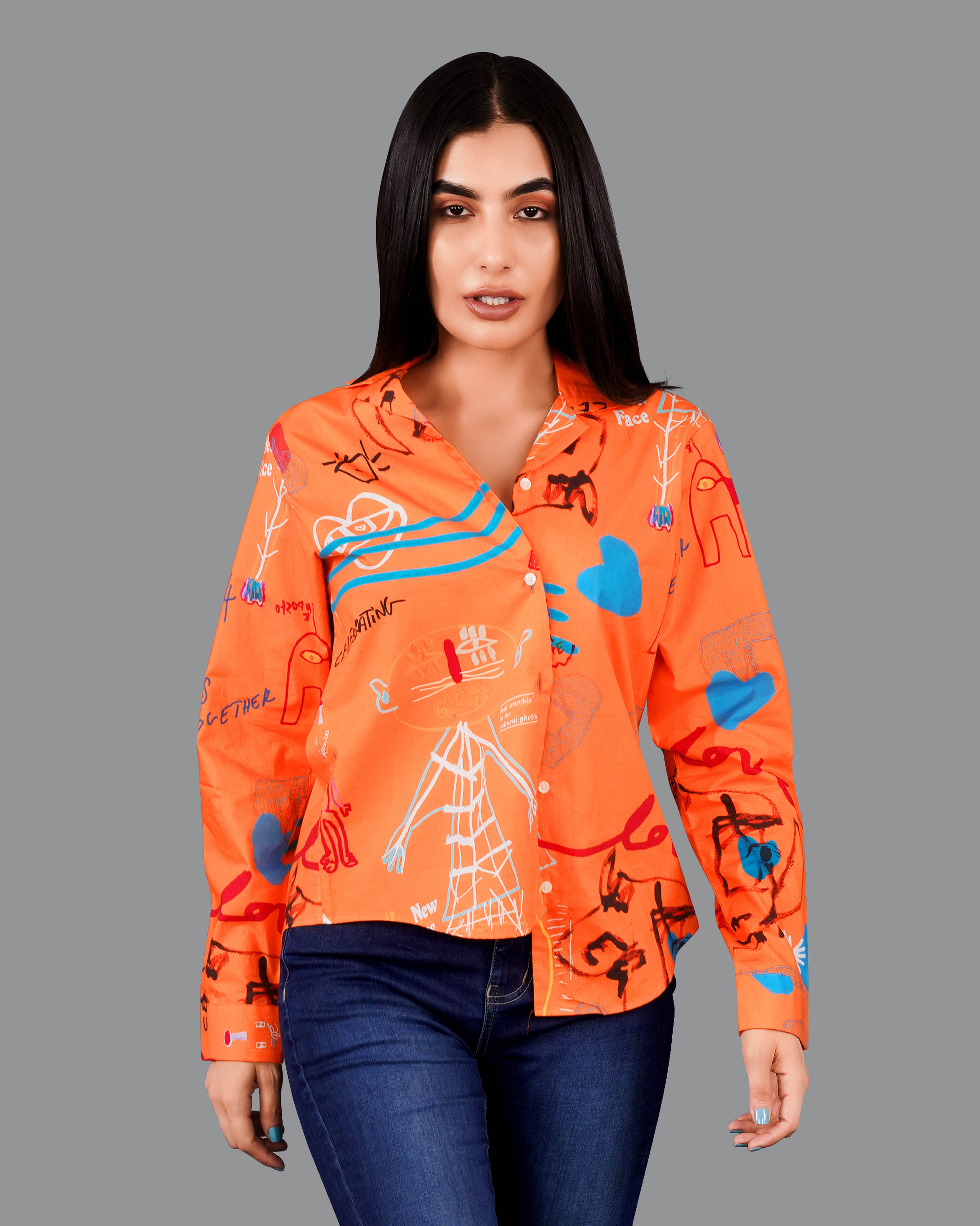 Burning Orange Quirky Printed Premium Cotton Shirt WS046-CC-32, WS046-CC-34, WS046-CC-36, WS046-CC-38, WS046-CC-40, WS046-CC-42