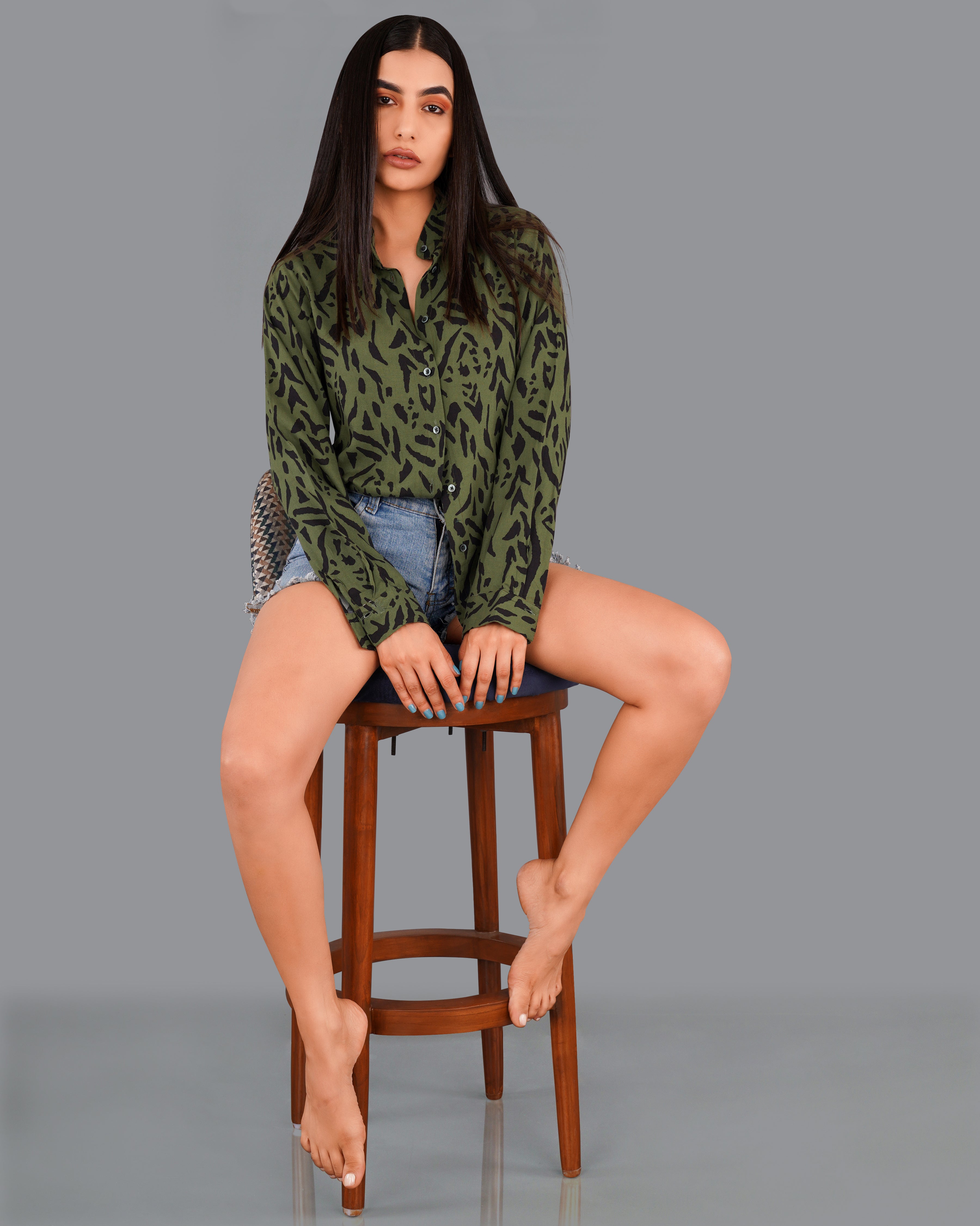 Asparagus Green Tiger Printed Premium Tencel Shirt