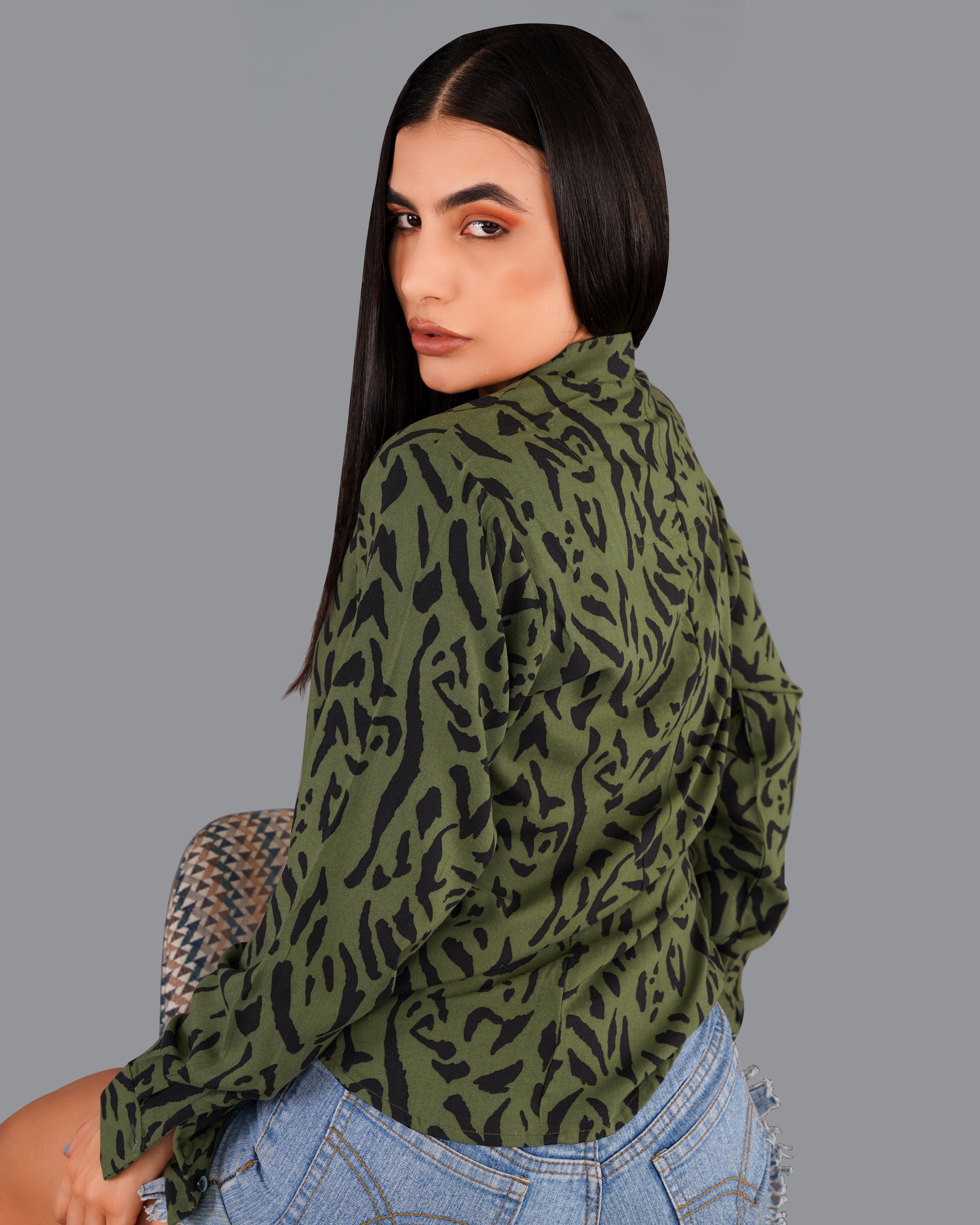 Asparagus Green Tiger Printed Premium Tencel Shirt