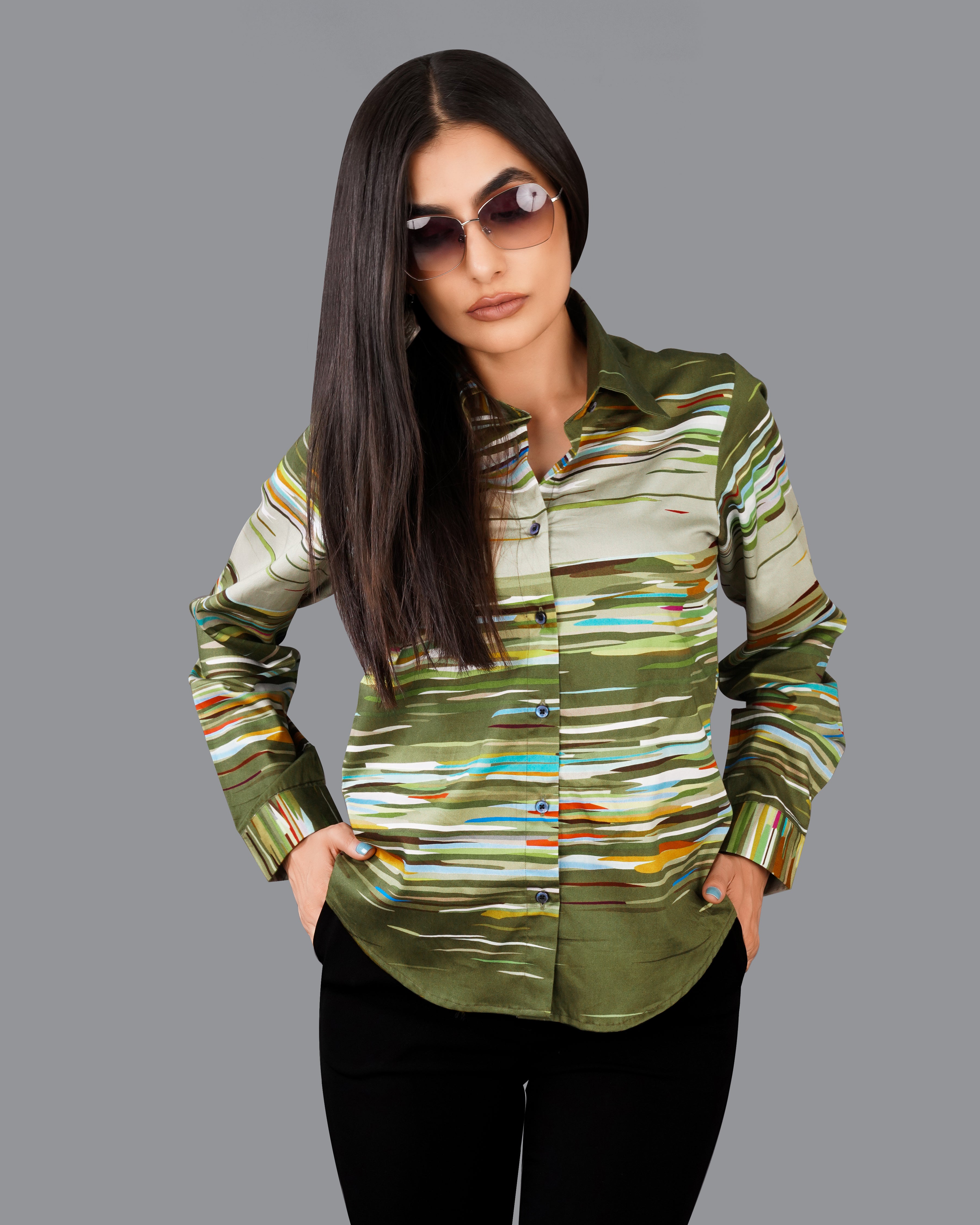 Verdigris Green Multicolour Printed Premium Tencel Shirt WS050-BLE-32, WS050-BLE-34, WS050-BLE-36, WS050-BLE-38, WS050-BLE-40, WS050-BLE-42