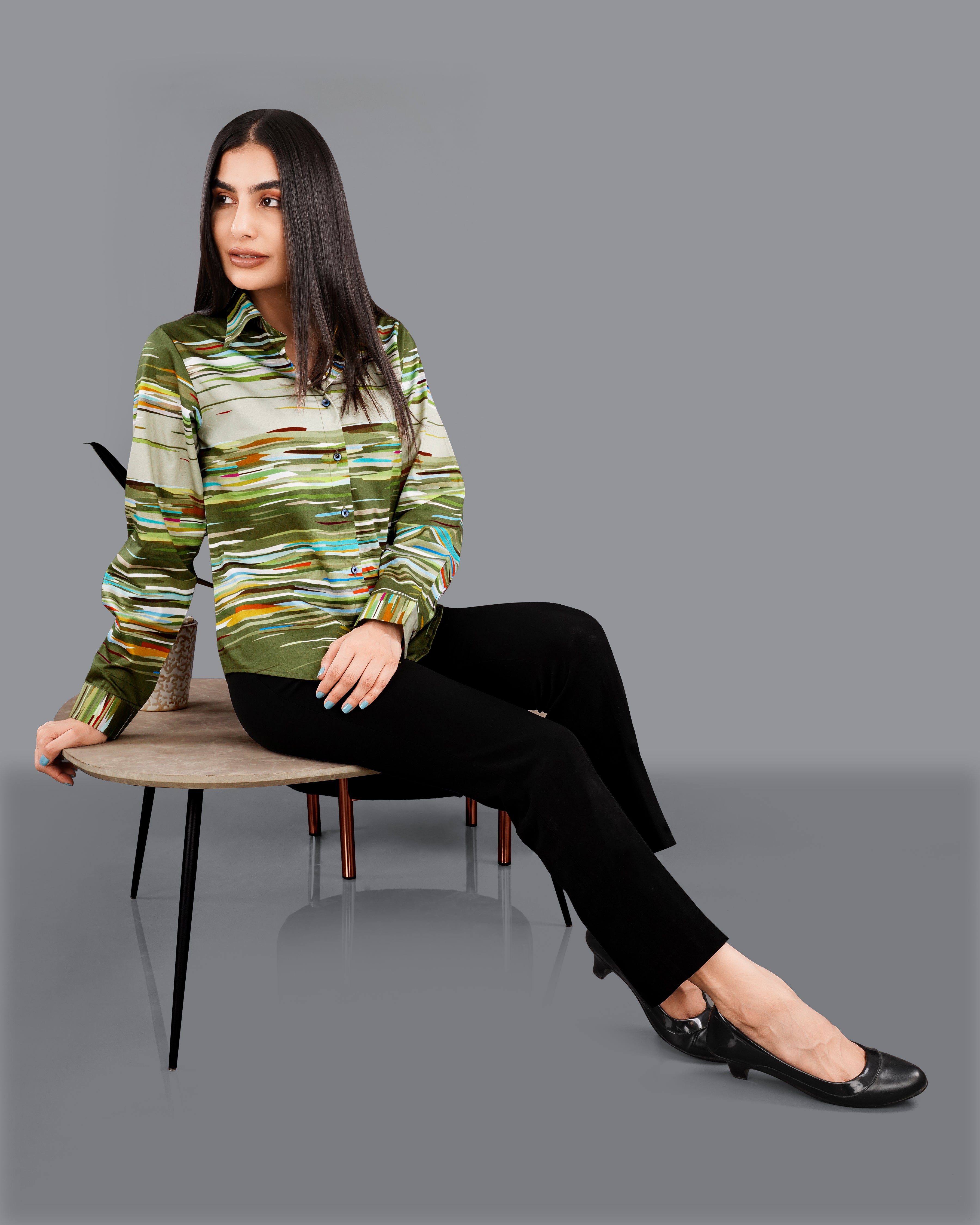 Verdigris Green Multicolour Printed Premium Tencel Shirt WS050-BLE-32, WS050-BLE-34, WS050-BLE-36, WS050-BLE-38, WS050-BLE-40, WS050-BLE-42