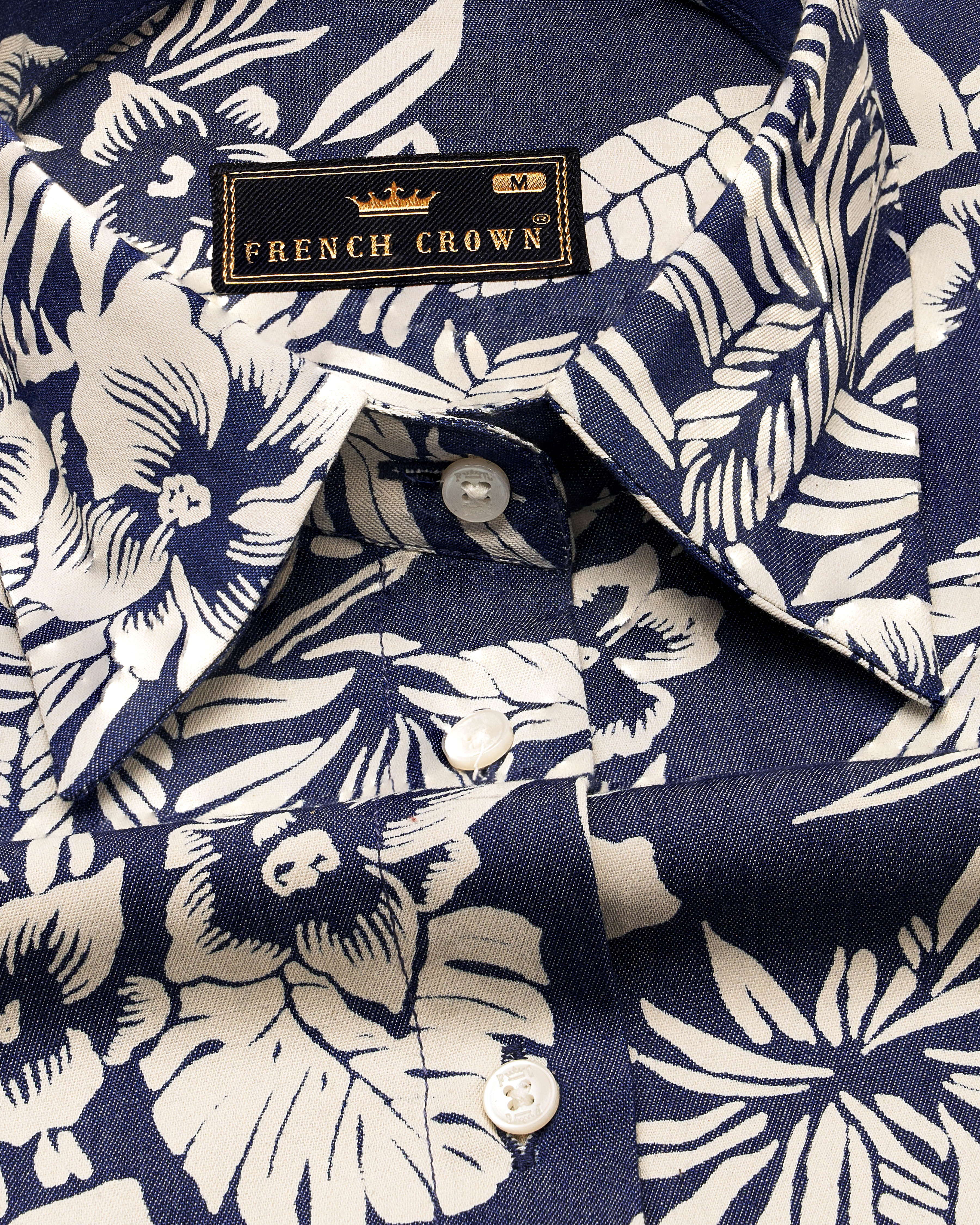 Limed Spruce Blue with Mercury Cream Floral Printed Premium Cotton Denim Shirt WS055-32, WS055-34, WS055-36, WS055-38, WS055-40, WS055-42