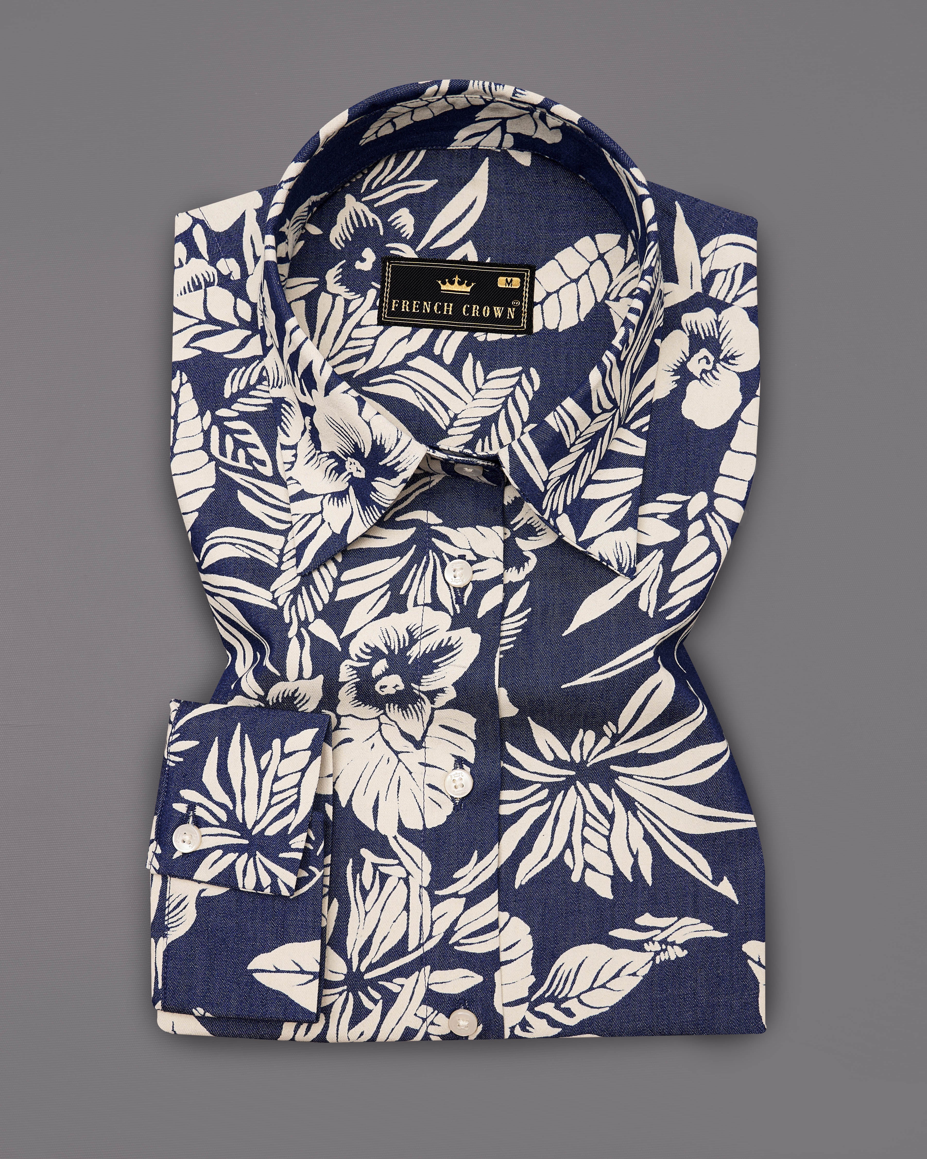 Limed Spruce Blue with Mercury Cream Floral Printed Premium Cotton Denim Shirt WS055-32, WS055-34, WS055-36, WS055-38, WS055-40, WS055-42