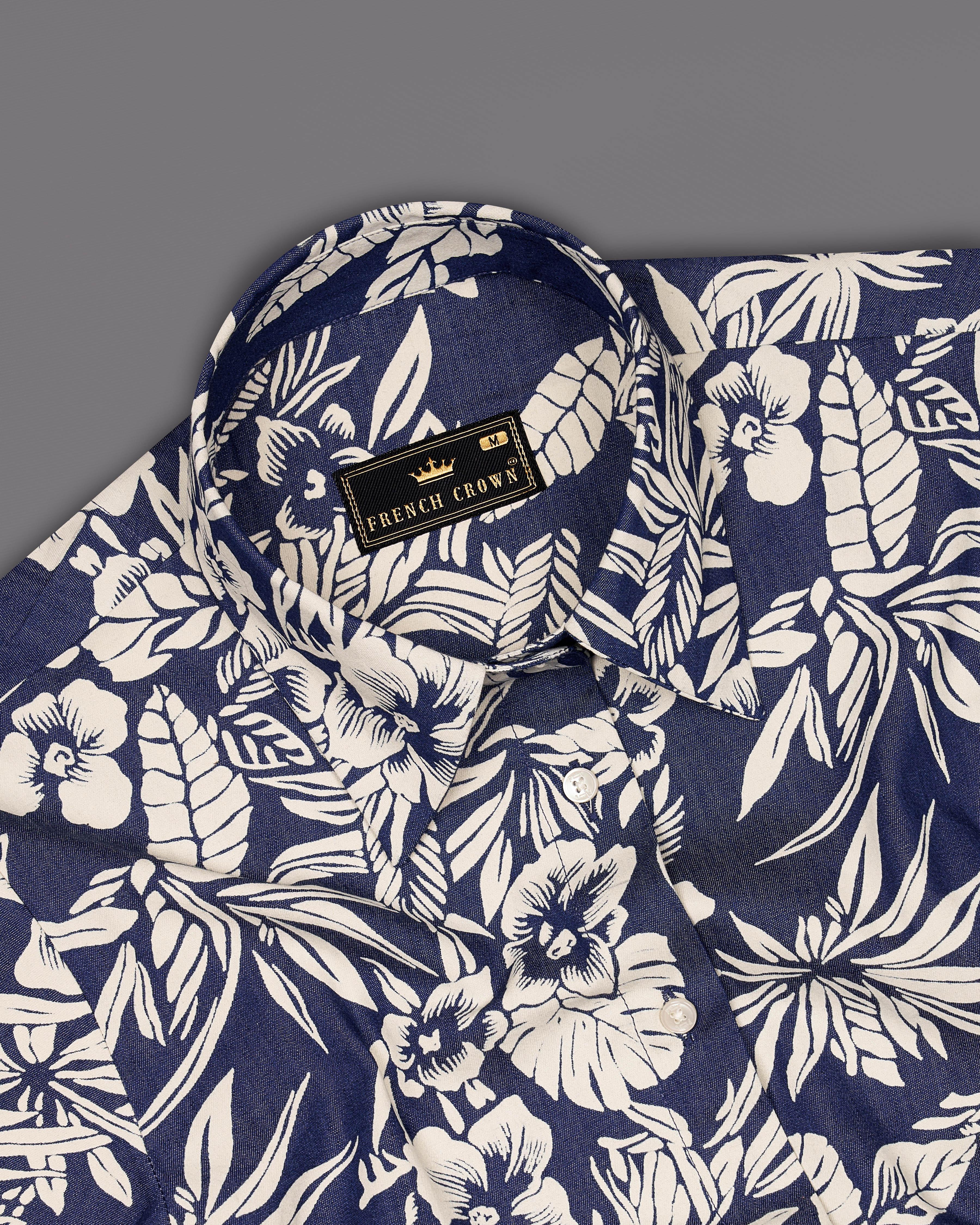 Limed Spruce Blue with Mercury Cream Floral Printed Premium Cotton Denim Shirt WS055-32, WS055-34, WS055-36, WS055-38, WS055-40, WS055-42