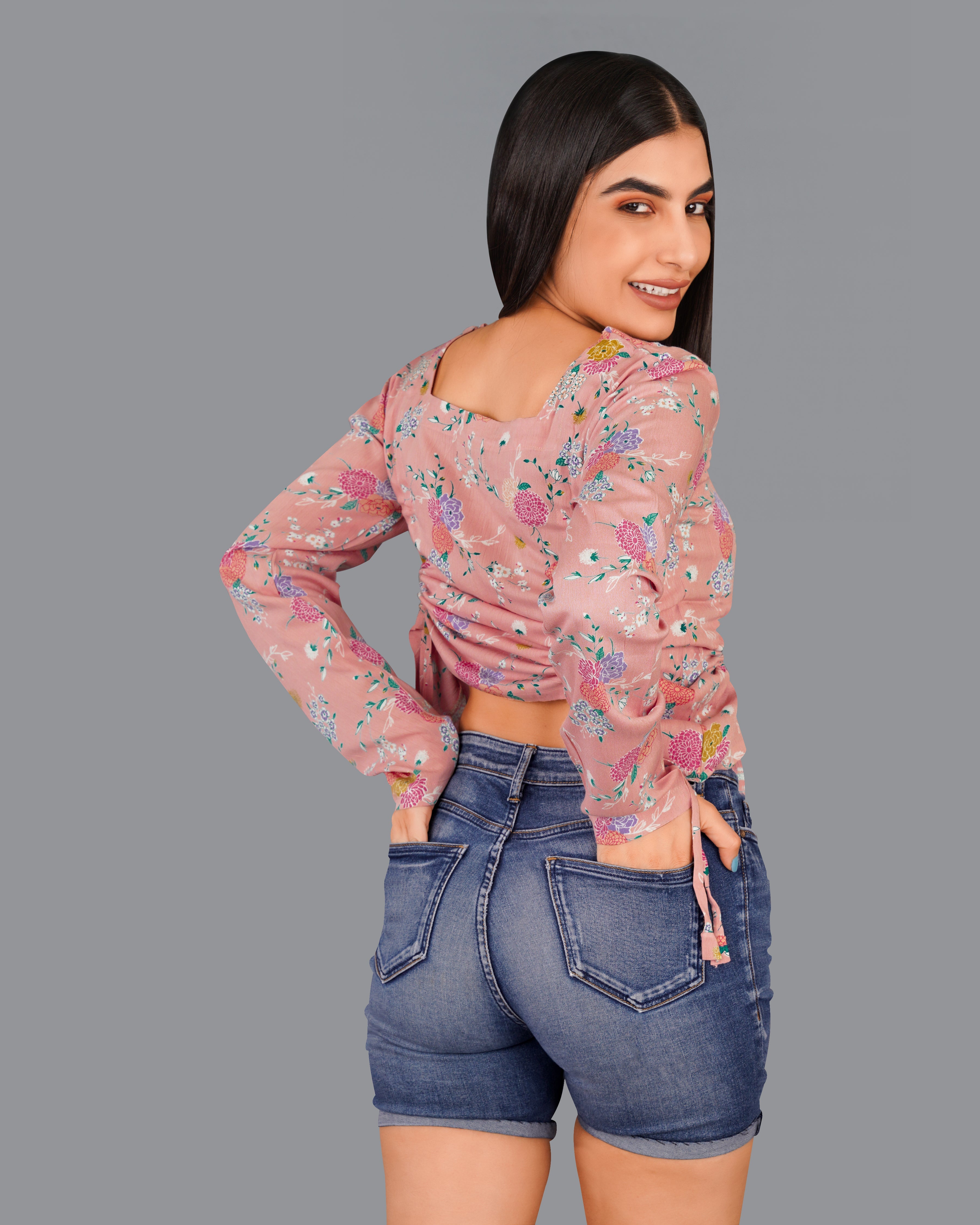 Oriental Pink Floral Printed Viscose Crop Top WTP003-32, WTP003-34, WTP003-36, WTP003-38, WTP003-40, WTP003-42