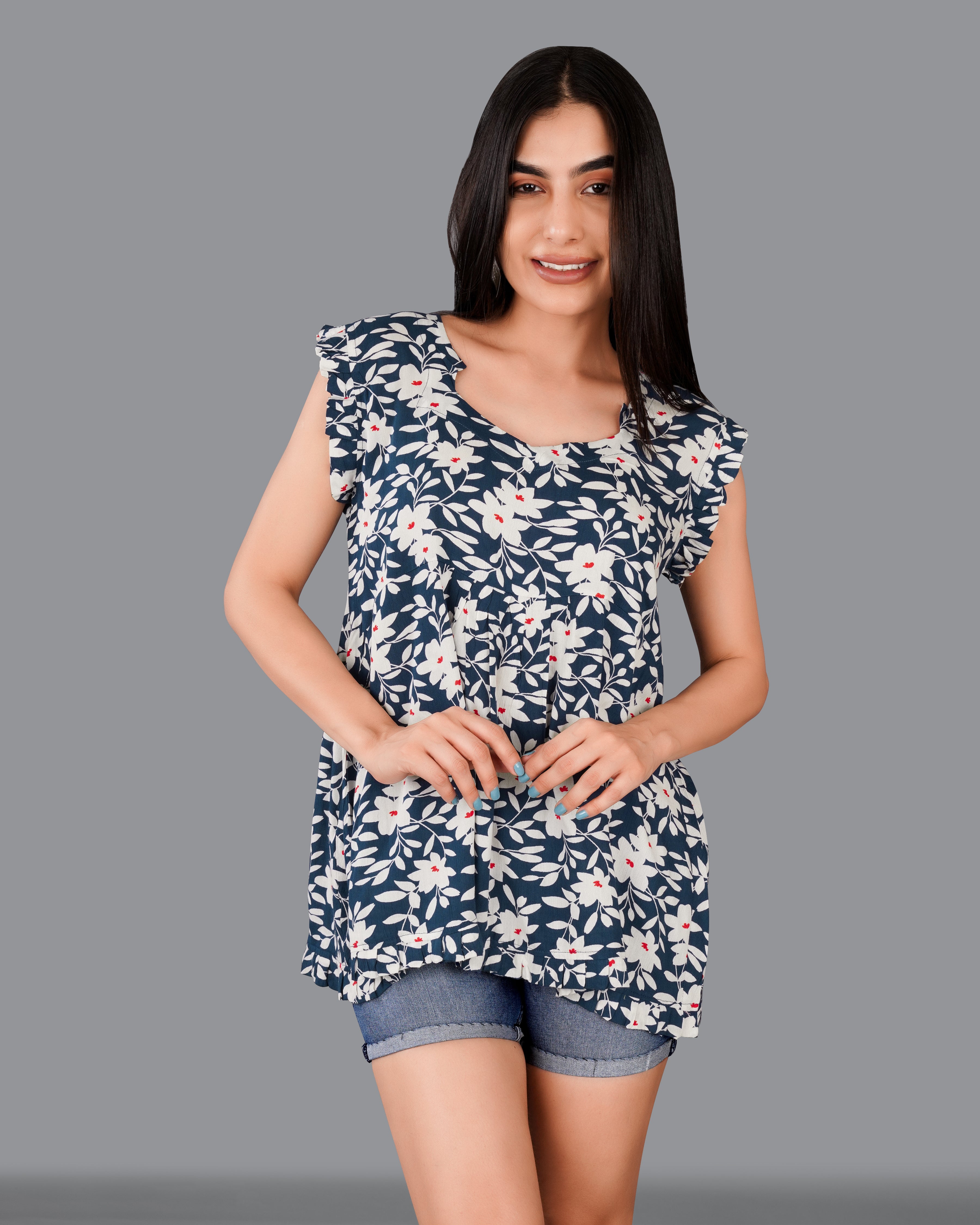 Rhino Blue with Merino Cream Floral Printed Top WTP026-32, WTP026-34, WTP026-36, WTP026-38, WTP026-40, WTP026-42